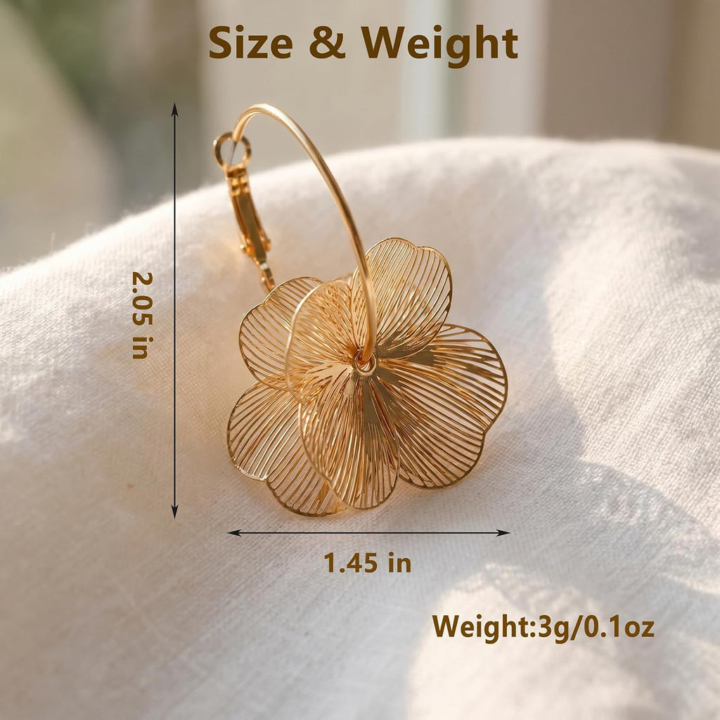 Gold Silver Flower Dangle Earrings for Women | Cute Statement Trendy Floral Drop Earrings, Boho Fashion Lightweight Hoop Jewelry Gift, Hypoallergenic for Sensitive Ears