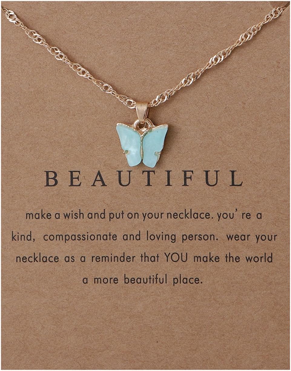 Caiyao Sweet Cute Colorful Butterfly Adjustable Clavicle Chain Lightweight Arcylic Insect Necklace with Message Card Friendship Good Luck Bohemian Jewelry for Women