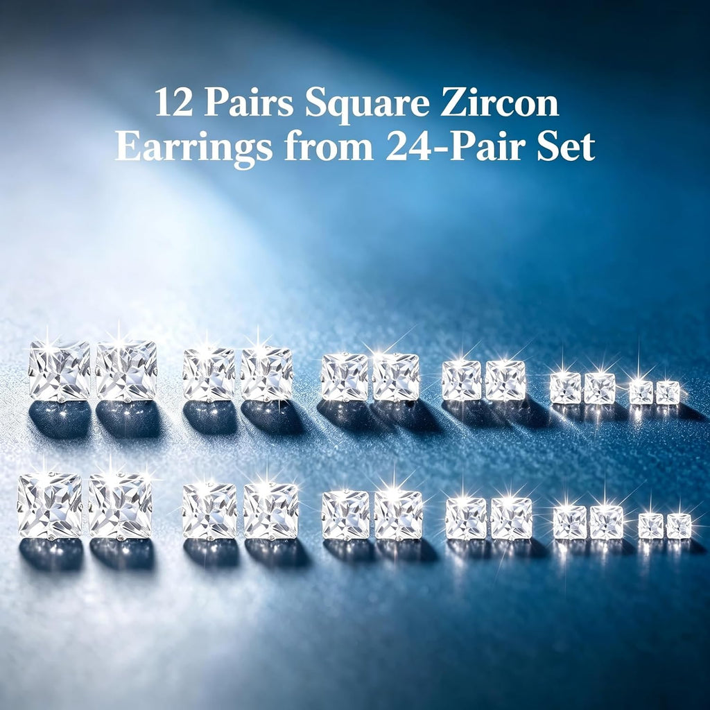 24 Pairs Cubic Zirconia Silver Stud Earrings Set for Women Men | Hypoallergenic, Flat Back Surgical Stainless Steel, Round & Square CZ Studs, Cartilage Earrings for Piercing Sensitive Ears