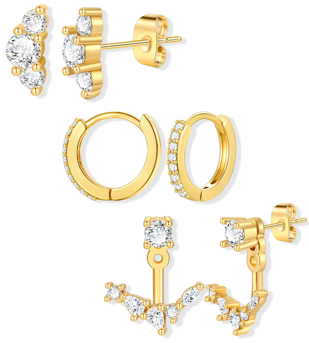 6 Pairs 14K Gold Plated Stud Earrings for Women, CZ Cartilage Stack Set | Hypoallergenic, Small Cartilage Earrings, Multiple Piercing, Dainty Stacks, Lightweight for Daily Wear, Jewelry Gift