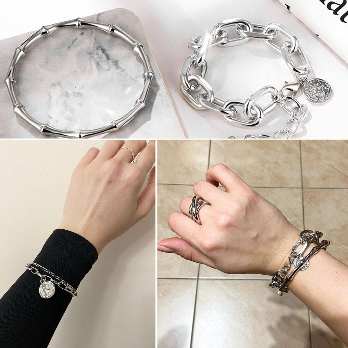 17IF 18-25 PCS(6 Pack) Boho Gold Silver Stackable Bracelets Set for Women | Chunky Dainty Bangles Adjustable Chain Flat Cuff Cuban Punk Charm Bundle Jewelry
