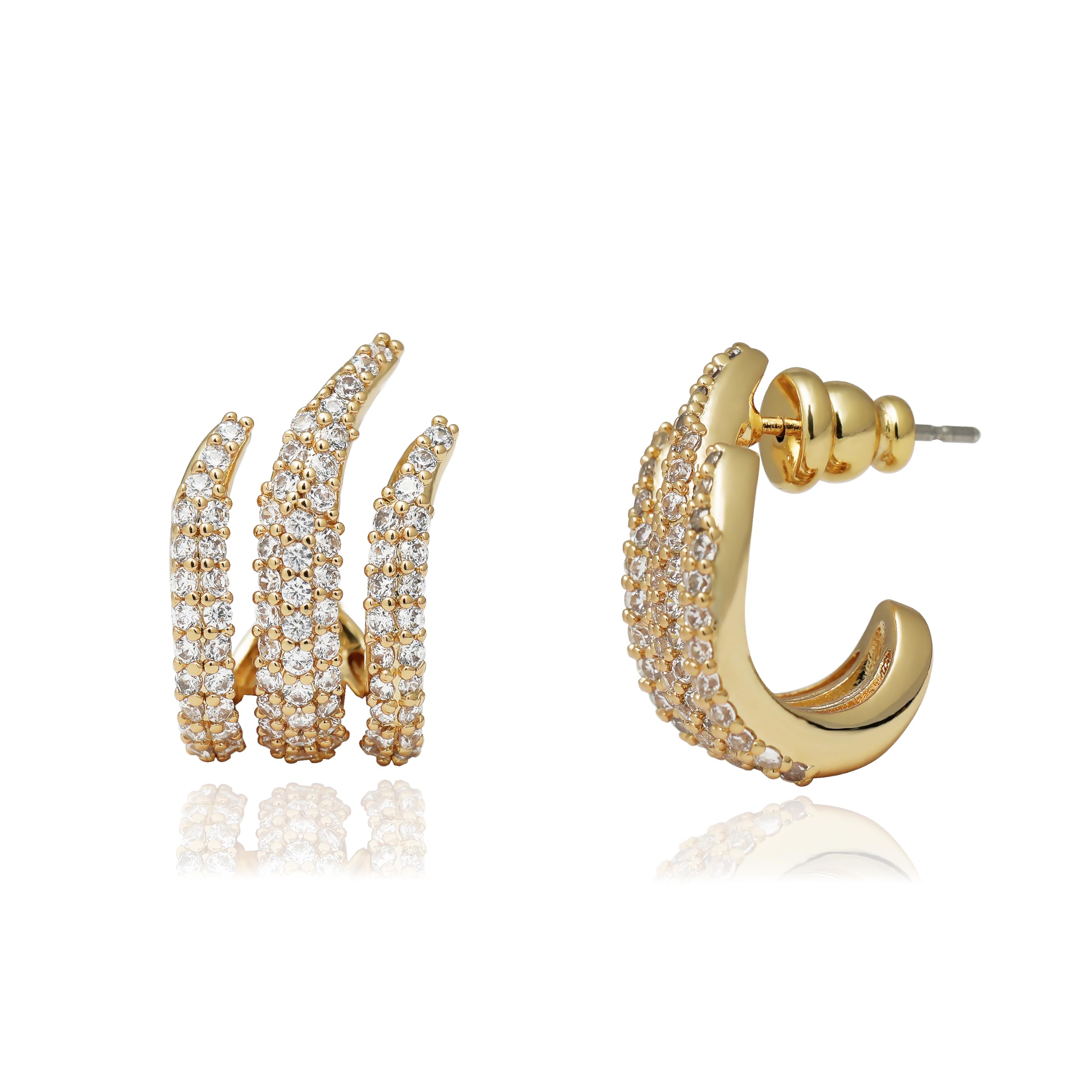 14K Gold Plated Illusion Stud Earrings for Women | Triple Huggie Hoop Earrings for One Hole| Trendy Simple Hypoallergenic Fashion Accessories Gold Jewelry Gifts for Womens