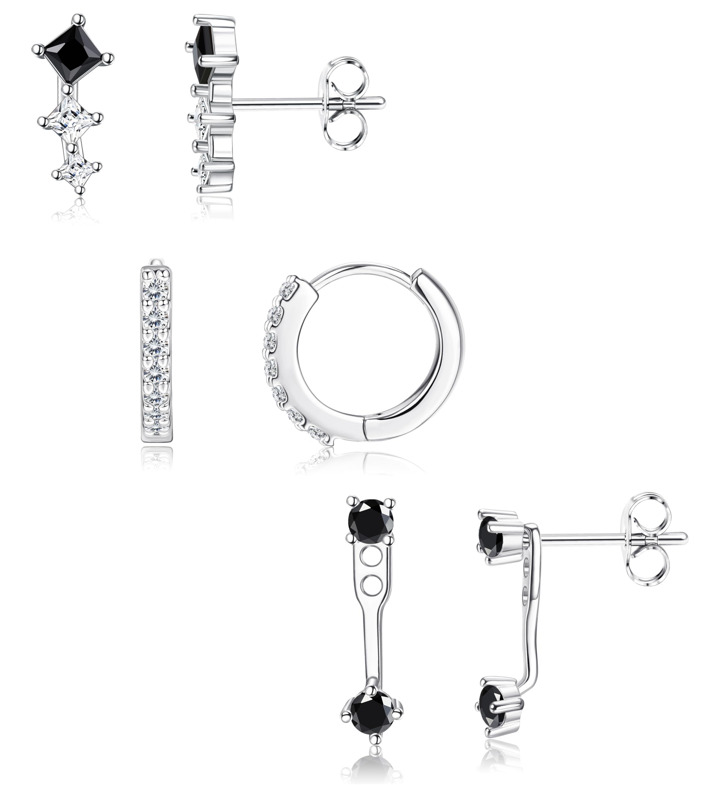 3 Pairs 925 Sterling Silver Hypoallergenic Earrings for Women Trendy - 14K Gold Plated Stud Hoop Cartilage Earrings Set Small Earring Stacks for Sensitive Ears Non Tarnish Dainty Silver Earring