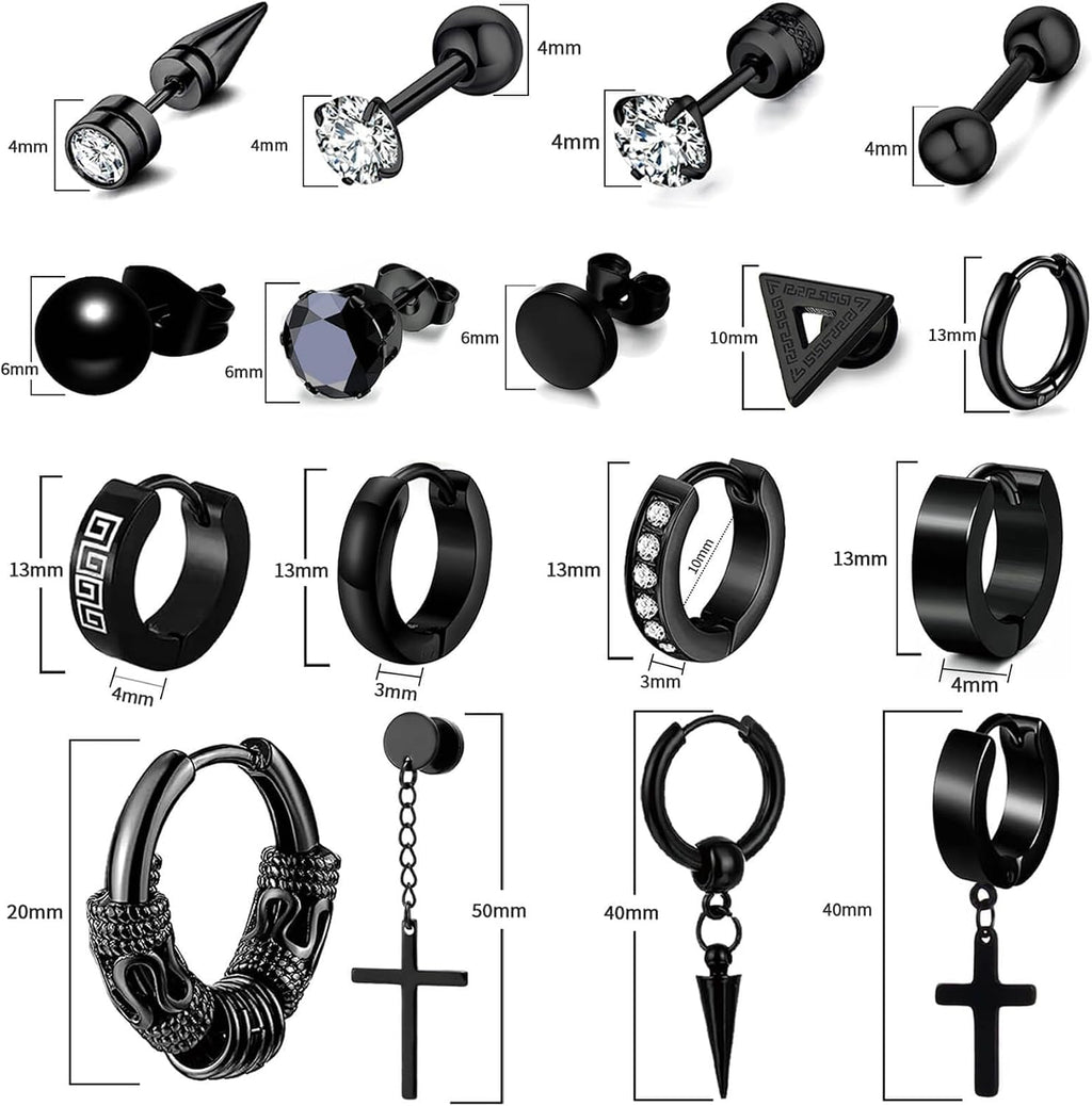 17 Pairs Earrings for Men, Stainless Steel Earrings For Men Sensitive Skin, Fashion Earring Piercing Jewelry Cross Dangle Hoop Earrings Kit Studs Long-lasting Shine