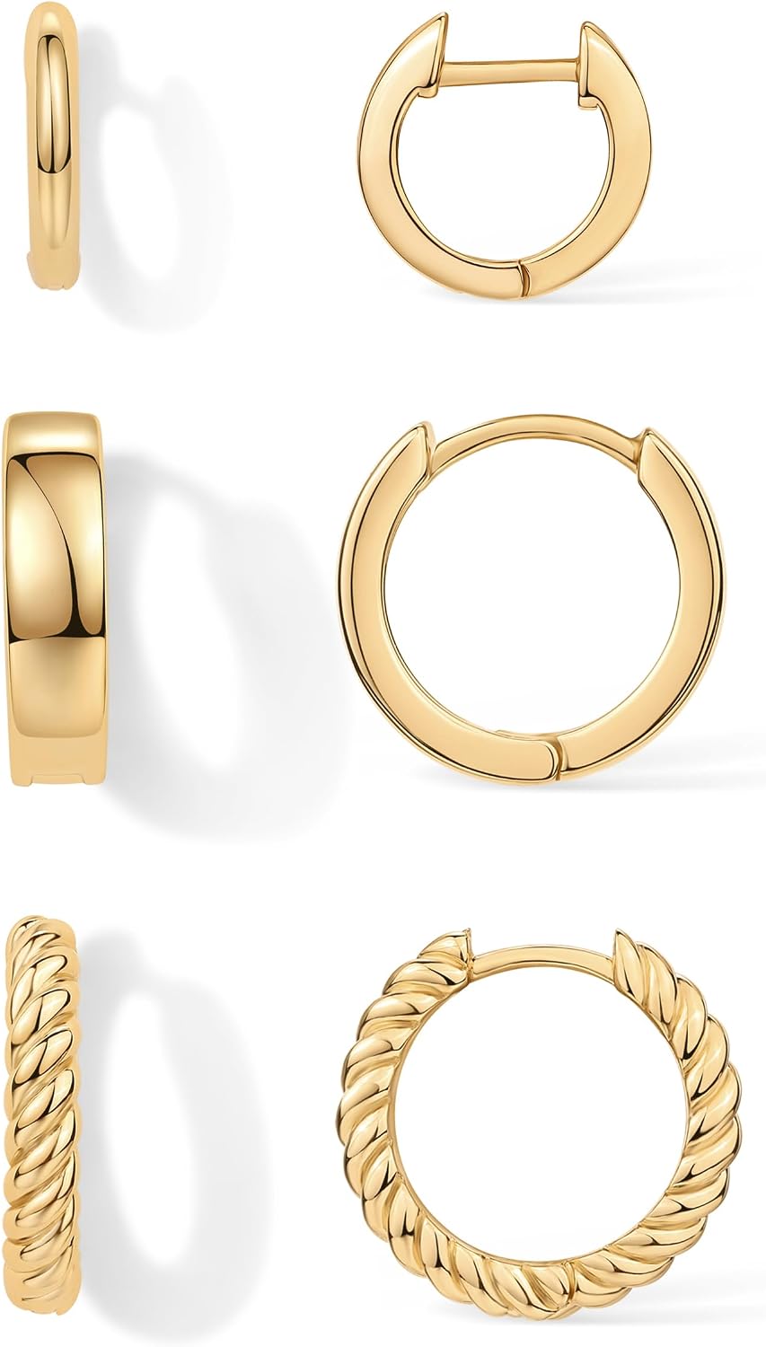 PAVOI Gold Hoop Earrings for Women, 3-Pair Small Huggie Earrings Set | Hypoallergenic Earrings with 925 Sterling Silver Posts, 14K & 18K Gold Plated Piercing Earrings with Cubic Zirconia