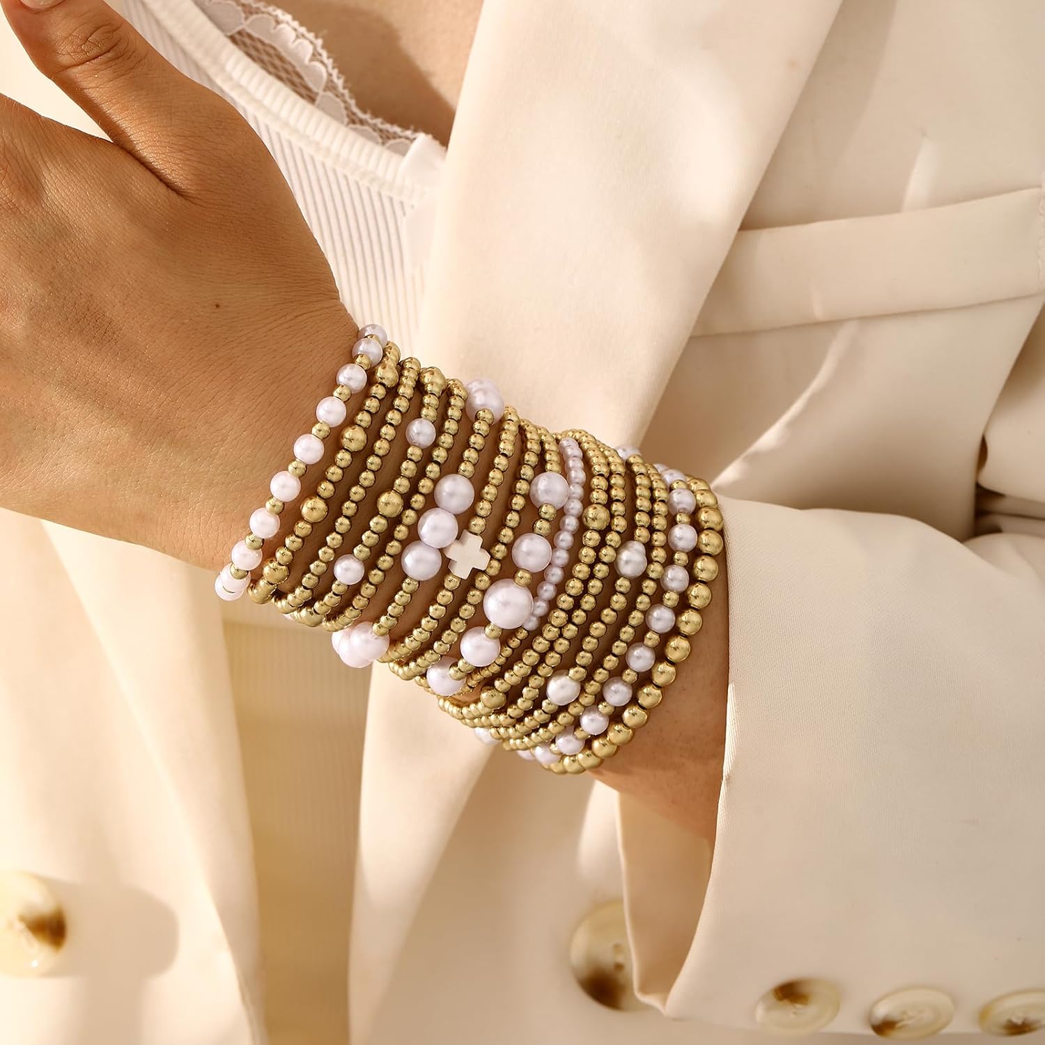 Gold Plated Bead & Pearl Bracelets for Women, 16PC Stackable Stretch Set | Elastic cord fits 6-7cm wrists; hypoallergenic, lead & nickel free; gift for Mom, Wife, Daughter, Birthday, Anniversary