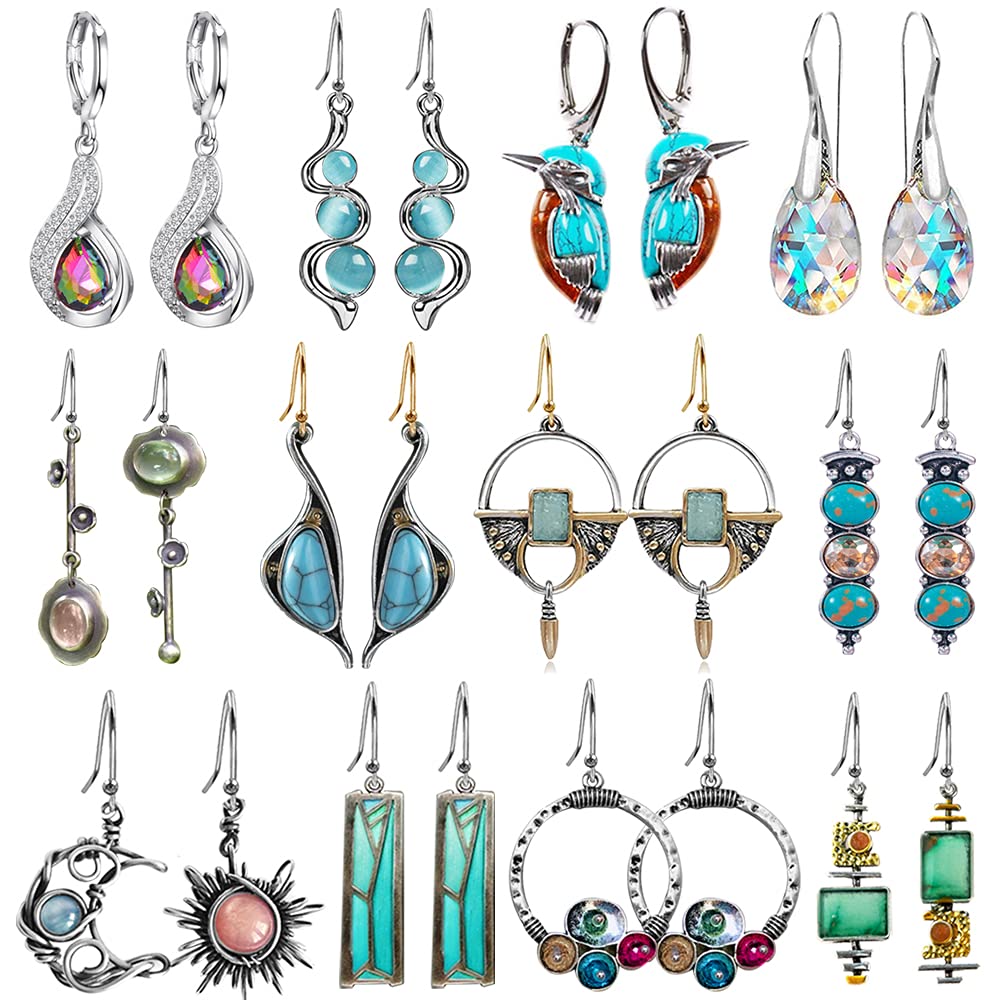 12 Pairs Teardrop Druse Crystal Drop Dangle Earrings for Women Cubic Zirconia Huggie Hoop Earring Jewelry Set Christmas Gifts
