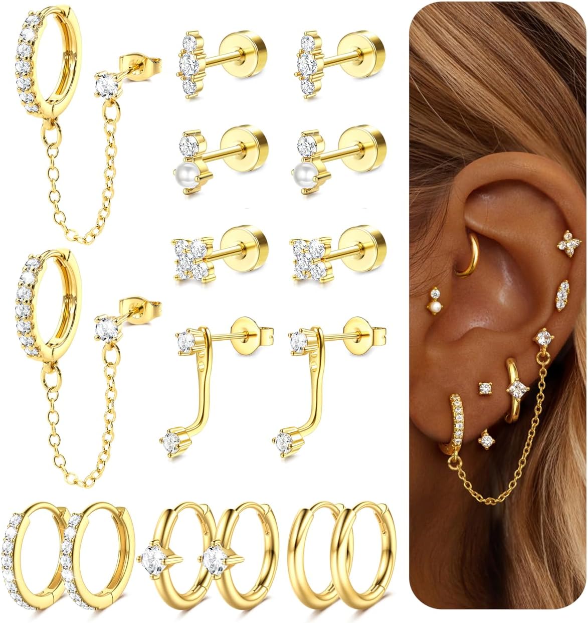 Gold Earrings for Women Flat Back Earrings Hypoallergenic Earring Stacks | 14K Gold Plated Surgical Stainless Steel Earring Set Chain Cartilage Earrings - Helix Piercing Jewelry for Women Trendy Gold