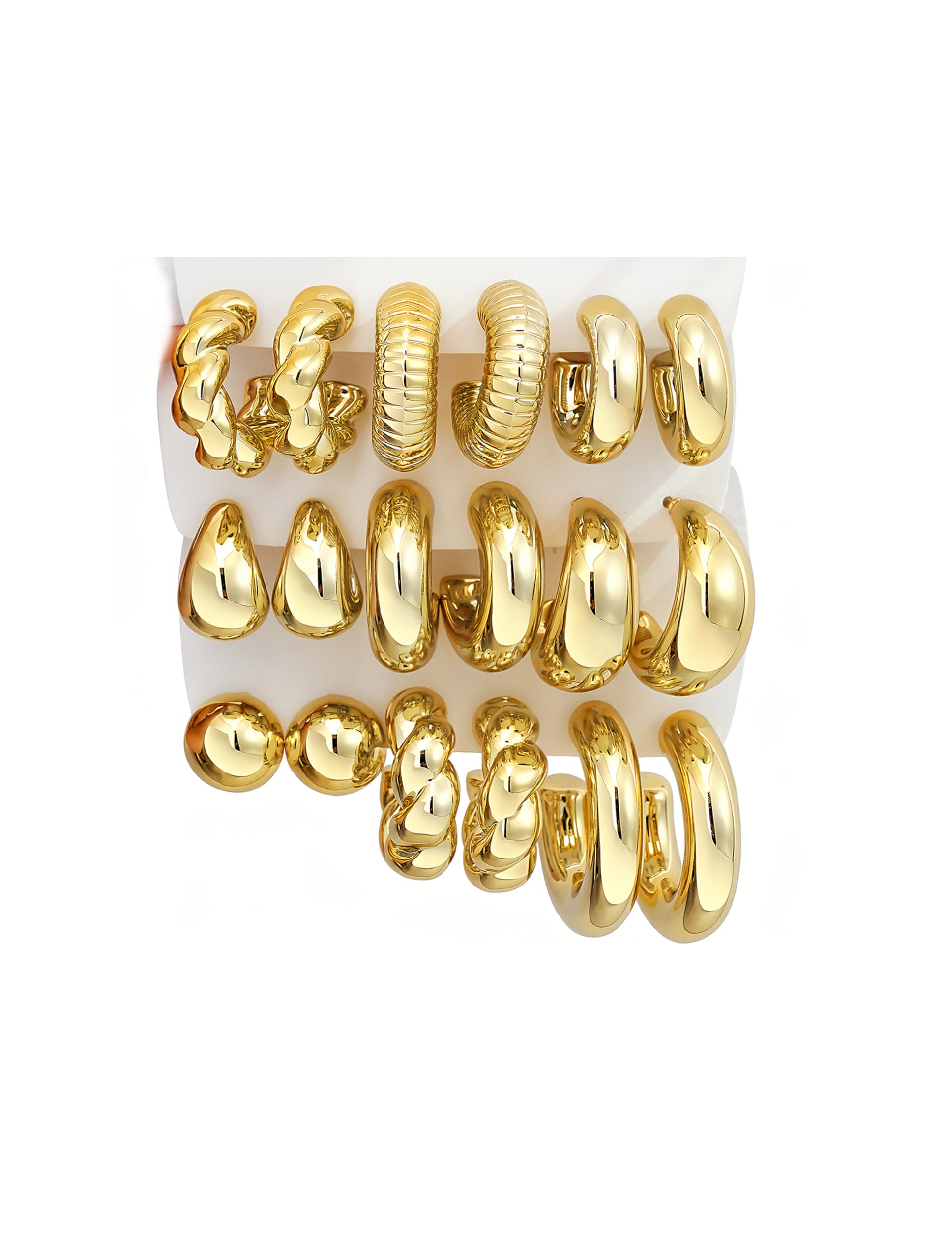 12 Pairs Chunky Gold Hoop Earrings for Women Trendy, Gold Plated Lightweight Hypoallergenic Stack, Thick Open Twisted Huggie Hoops Earring Set