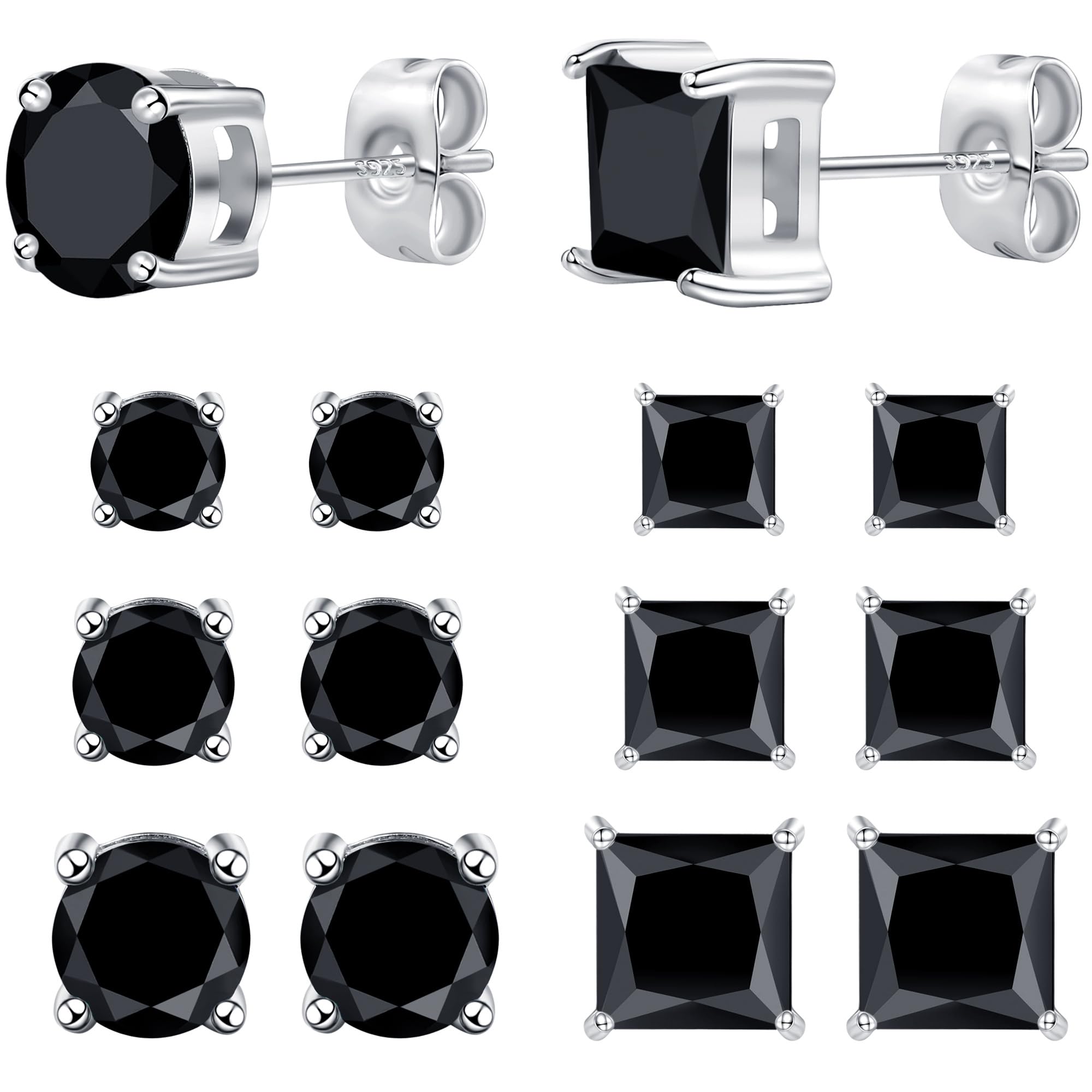 6 Pairs Stud Earrings for Men Women 316L Stainless Steel Earring | Hypoallergenic 3mm/5mm/7mm Princess & Round Cubic Zirconia Earring Set Surgical Steel CZ Ear Jewelry for Sensitive ears