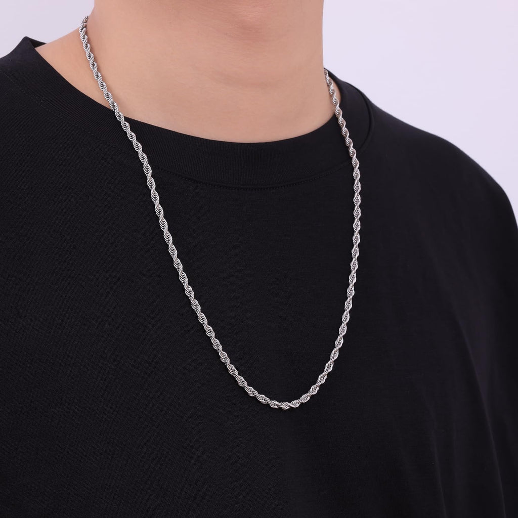 Fiusem 3mm Rope Chain Necklace for Men, Silver Tone Mens Chain Necklace, Stainless Steel Necklace Chain for Men Women, Jewelry Gift