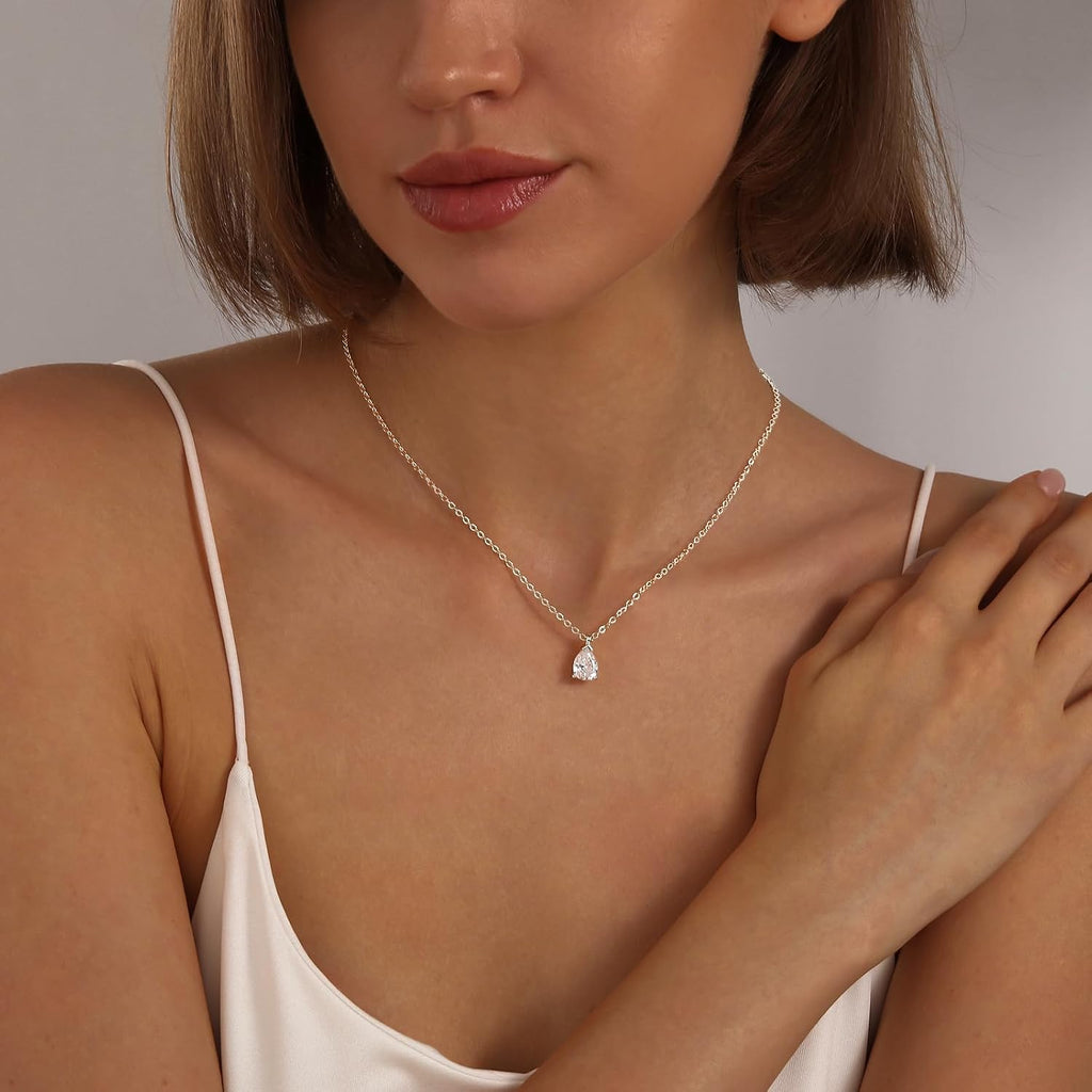 Gold Silver Necklace for Women, Dainty Cubic Zirconia Pendant | Teardrop CZ Charm, 14K Gold/Sterling Silver Plated, Adjustable Chain, Hypoallergenic & Waterproof Jewelry, Cute Trendy Gift