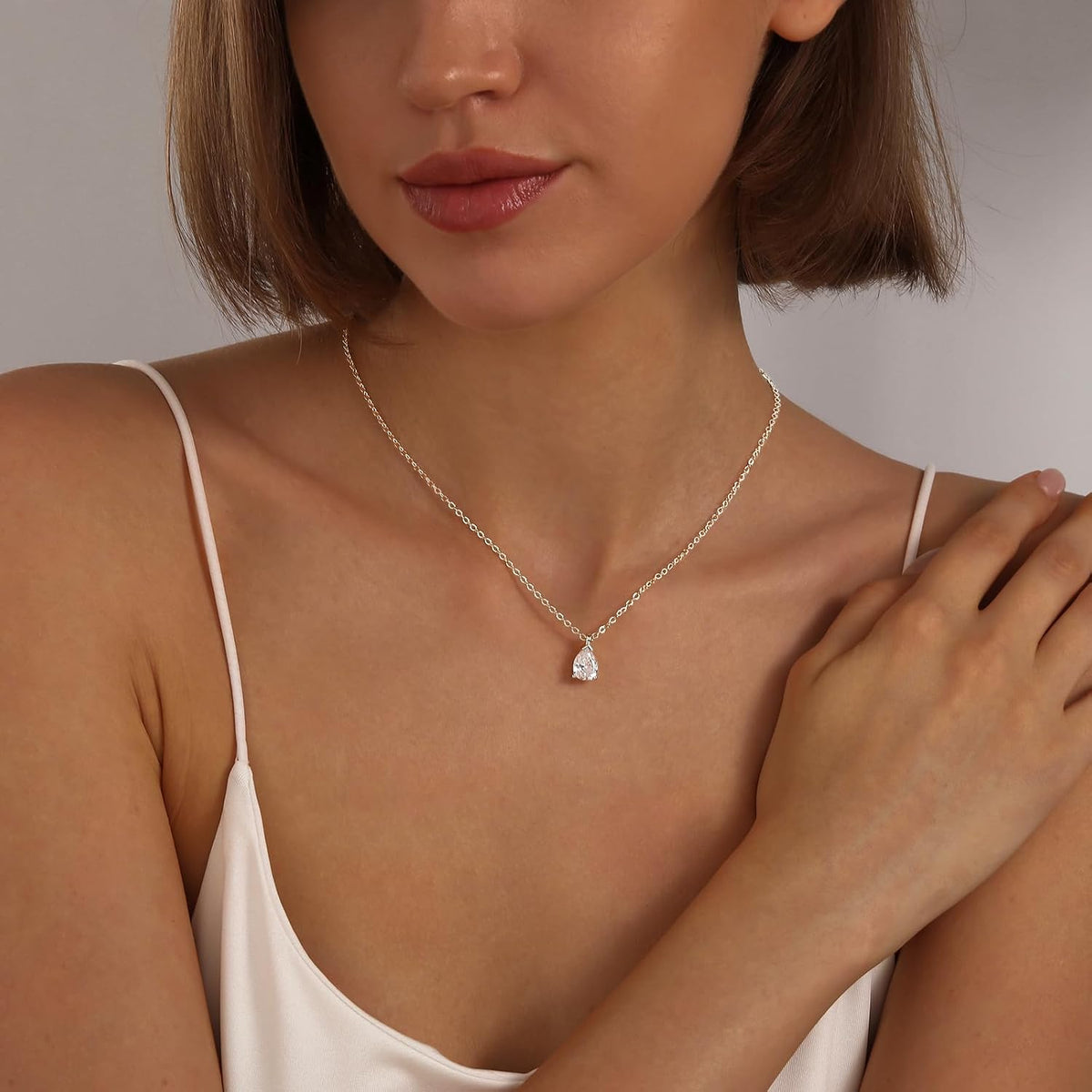 Gold Silver Necklace for Women, Dainty Cubic Zirconia Pendant | Teardrop CZ Charm, 14K Gold/Sterling Silver Plated, Adjustable Chain, Hypoallergenic & Waterproof Jewelry, Cute Trendy Gift
