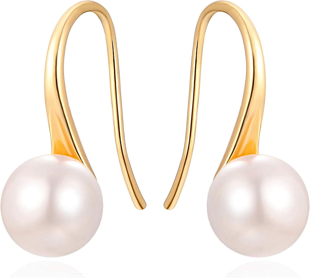 925 Sterling Silver Hoop Handpicked AAA+ Quality 7.5-8mm White Freshwater Cultured Pearl Dangle Drop Earrings Jewelry for Women