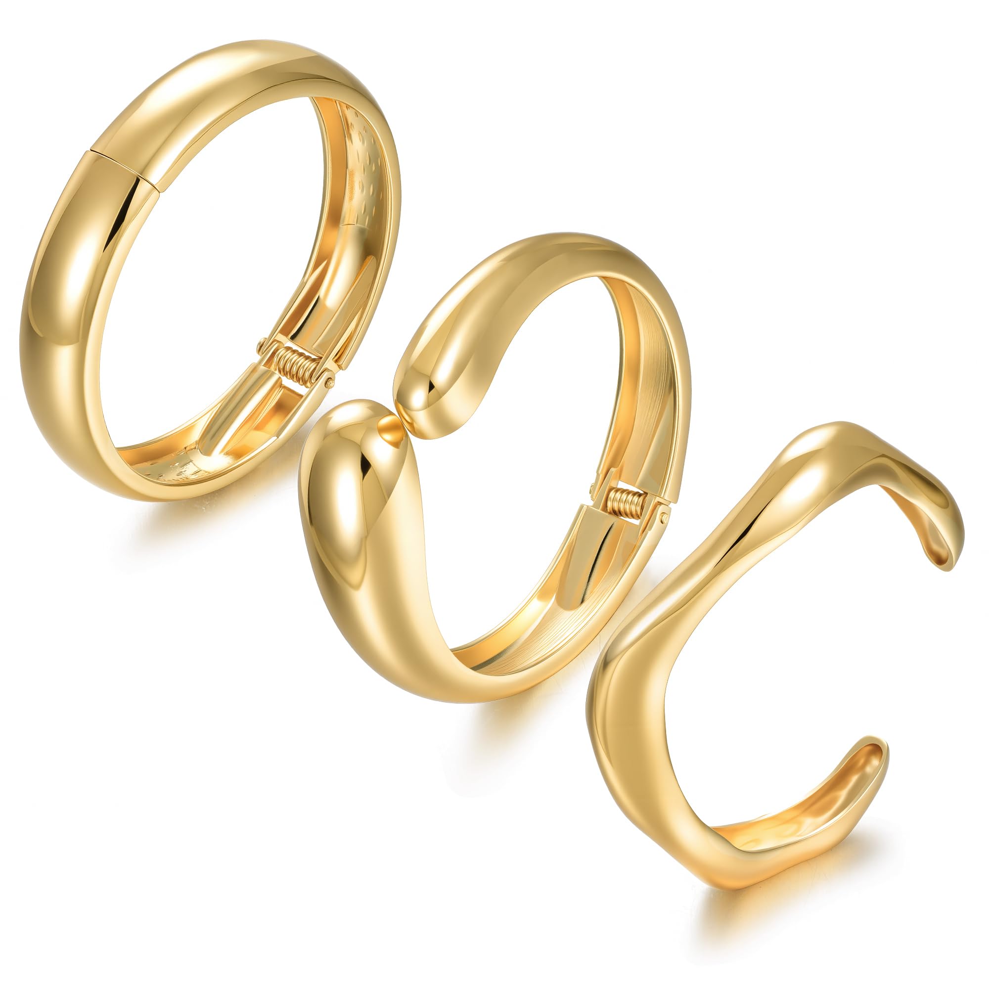 Chunky Gold Bangle Bracelets for Women, Dainty 14k Gold Plated Big Stackable Bangles Set, Trendy Statement Cuff Bracelet Stack Fashion Jewelry Gifts