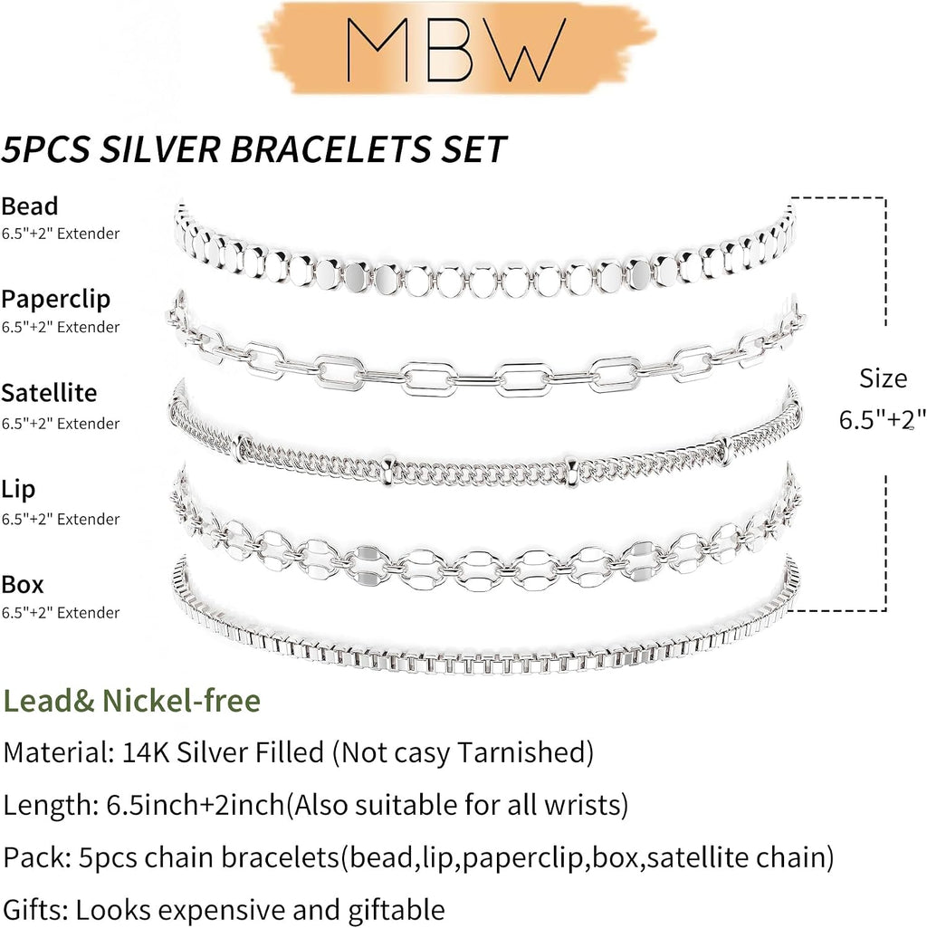 MBW Sterling Silver Simple Thin Bracelets for Women Trendy | Dainty S925 Silver Bracelets for Women Chain Bracelet Stack Set Waterproof Jewelry Minimalist Small Bracelet for Women Gift