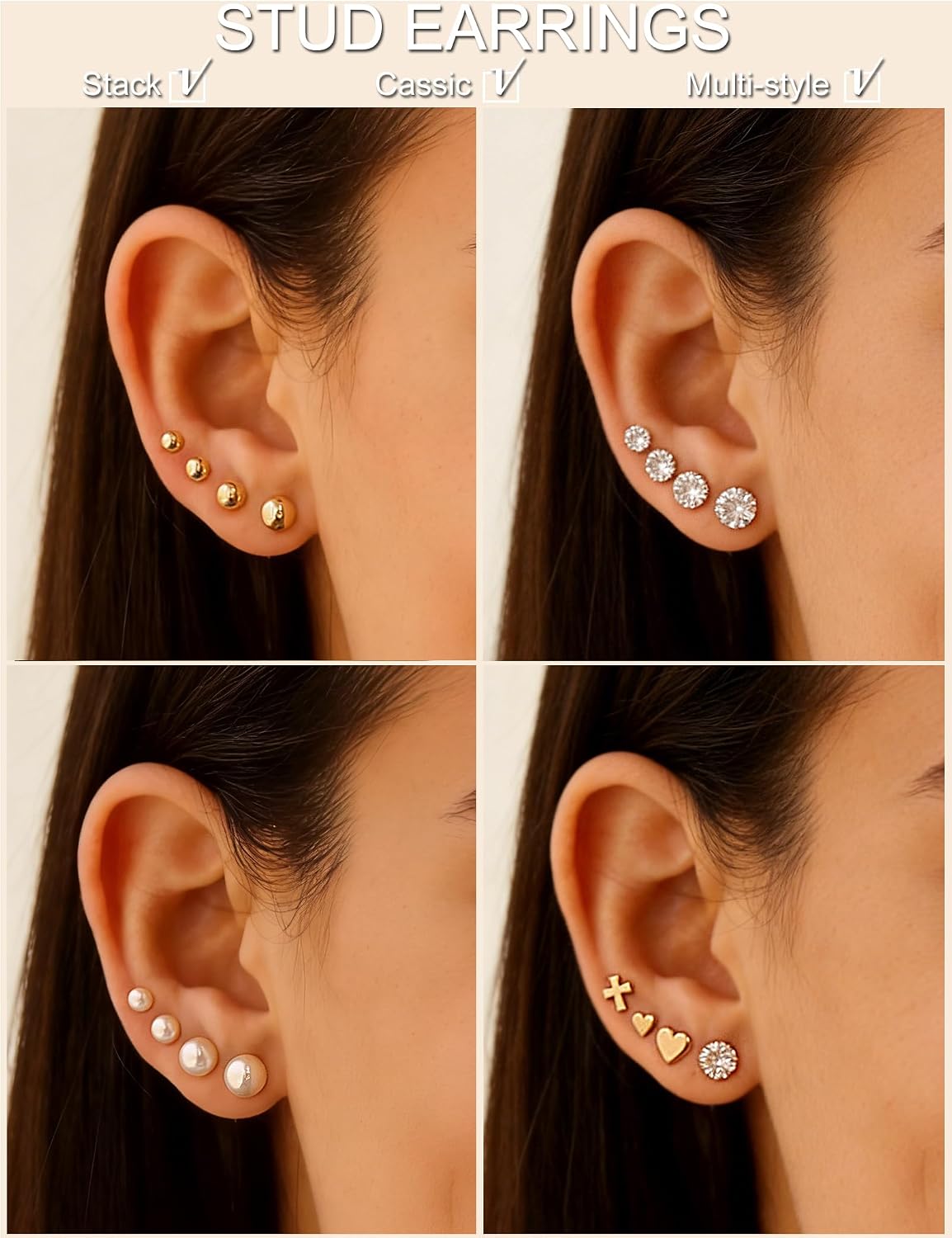 75 Pairs Gold Stud Earrings Set for Women, Trendy Hypoallergenic Pearl Cubic Zirconia Multiple Piercings Earrings Packs, Stud Hoops Earrings for Gift Jewelry