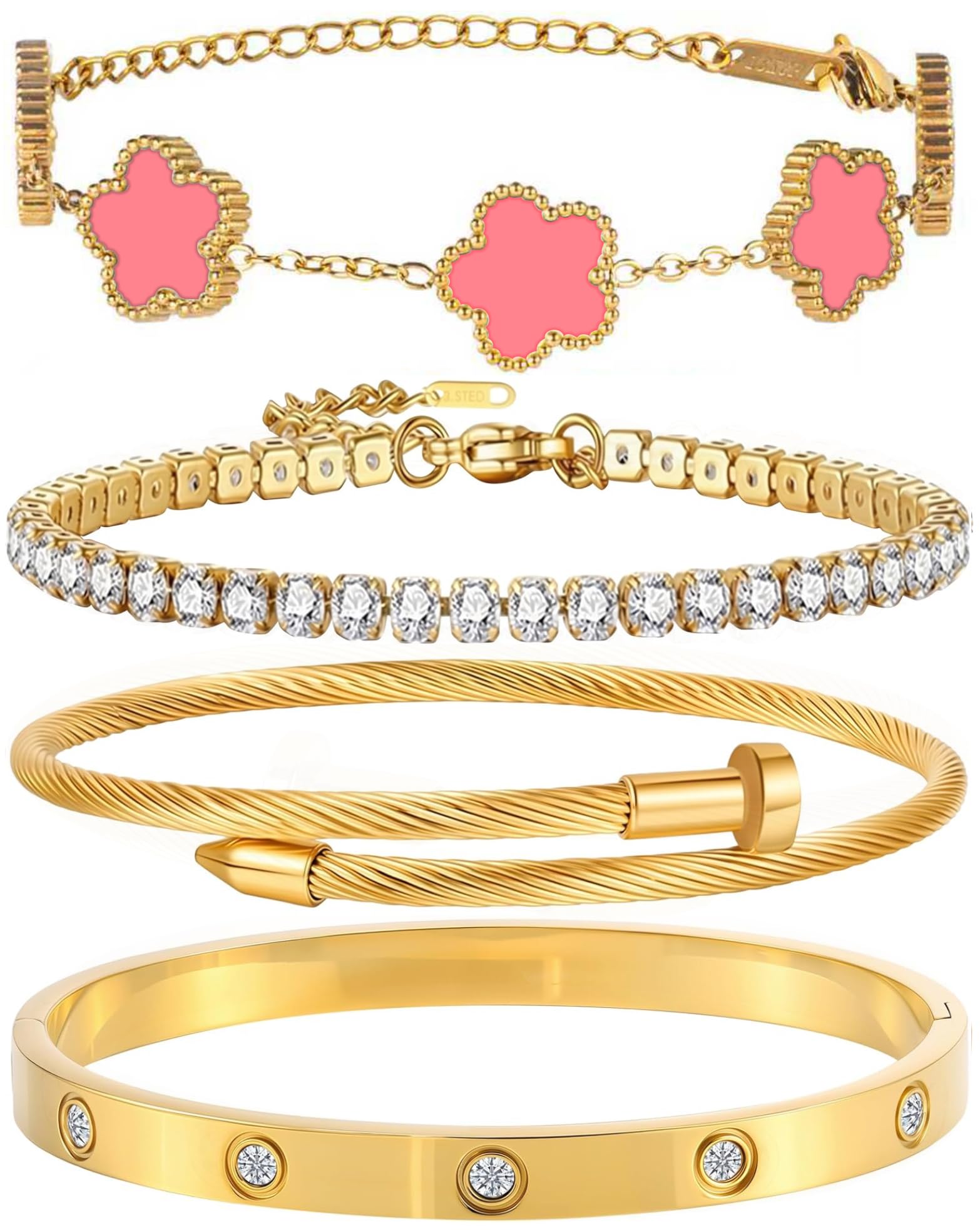 18K Gold Plated Bangle Bracelet Set for Women Stackable Lucky Floral Adjustable Tennis Bracelet Non Tarnish Gift Jewelry for Christmas Valentines Birthday Mother's Day