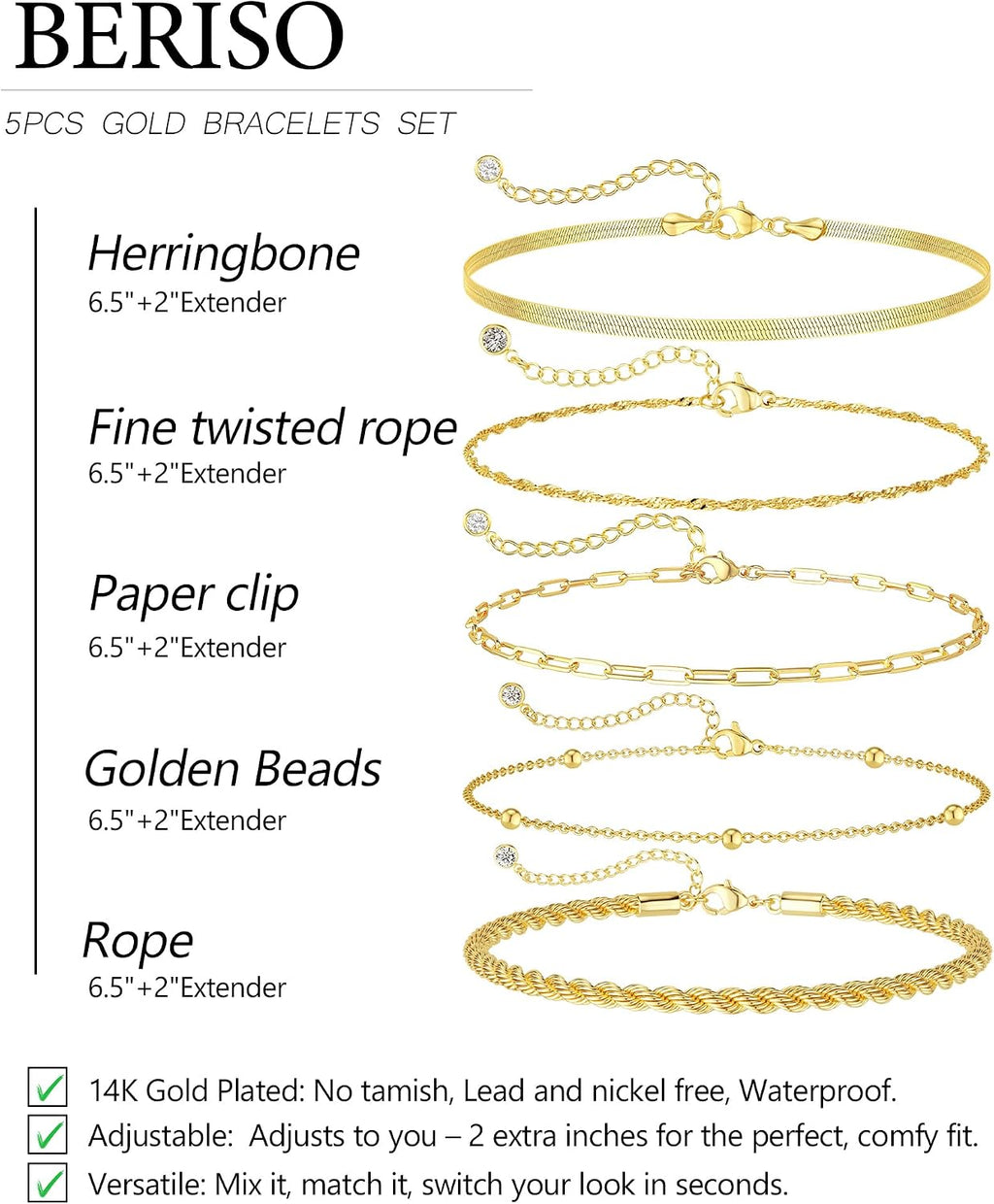 BERISO Gold Bracelets for Women, Elegant Adjustable 14K Gold Plated Bracelet for Women, Trendy Minimalist Dainty Gold Bracelet for Everyday Wear