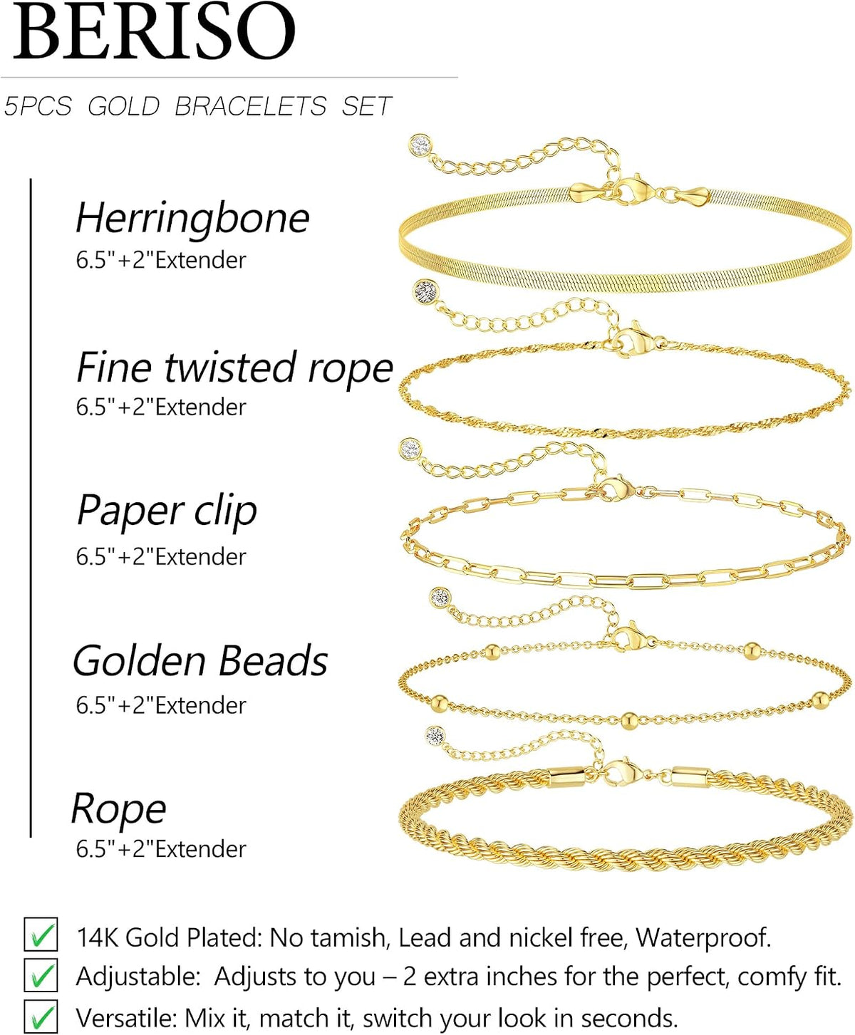 BERISO Gold Bracelets for Women, Elegant Adjustable 14K Gold Plated Bracelet for Women, Trendy Minimalist Dainty Gold Bracelet for Everyday Wear