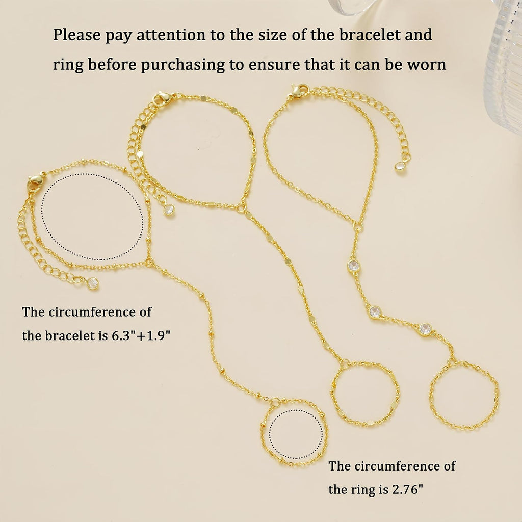 3PCS 14K Gold-Plated Hand Chain Bracelets for Women, Stack Bracelets Set Adjustable, Trendy Dainty Ring Bracelet Hand Chain