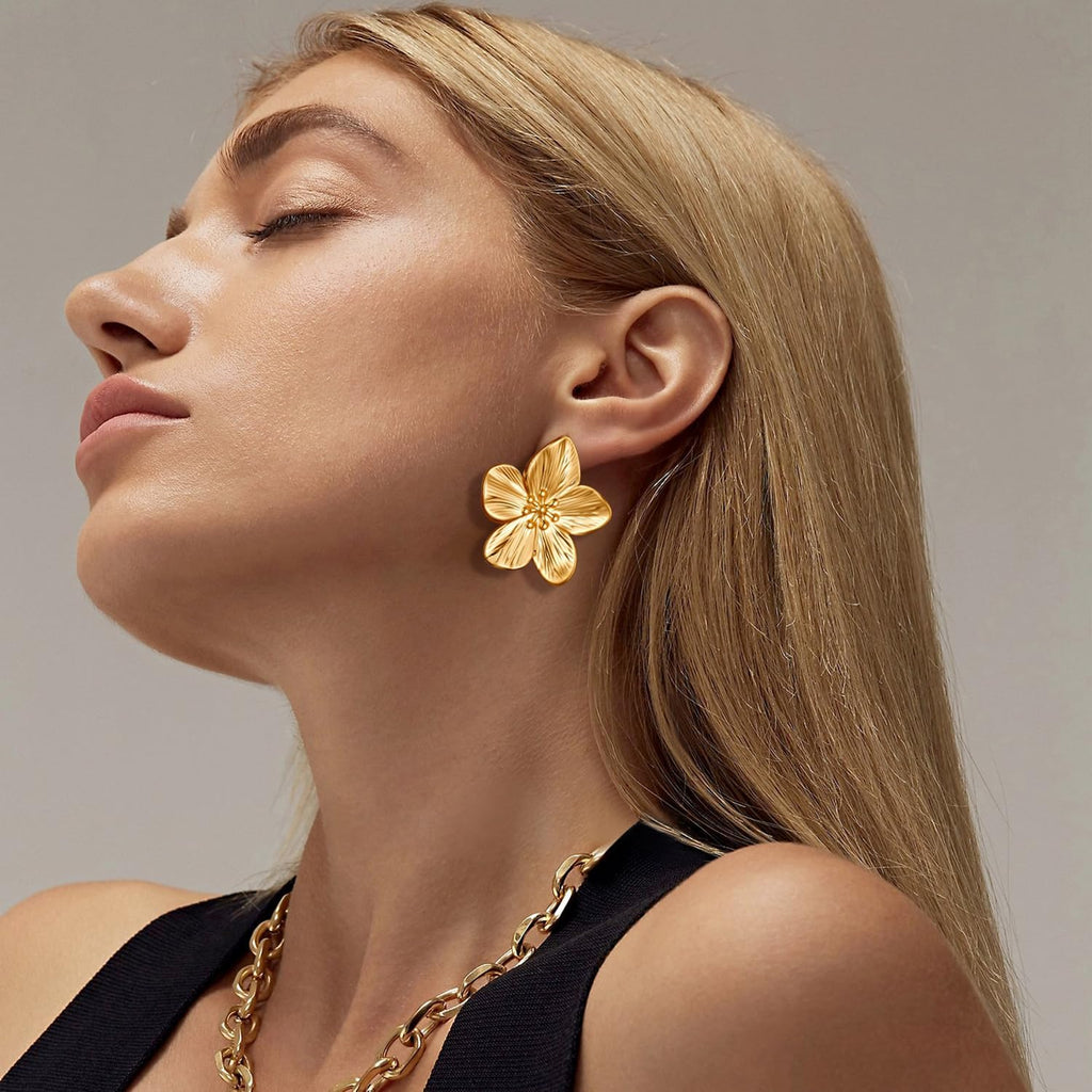 Chunky Gold Earrings For Women Trendy Statement Gold Plated Flower Shell Knot Dangle Earrings Lightweight Hypoallergenic Fashion Jewelry Set