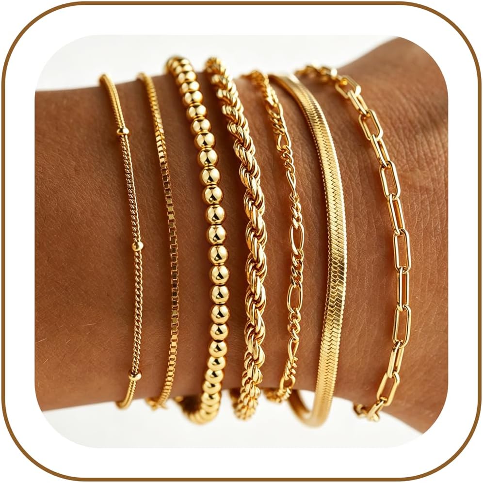 M MOOHAM 7PCS Gold Bracelets for Women, 14K Gold Plated Beaded Bracelet Set | Rope Paperclip Chain Stackable Bracelet, Non Tarnish Bracelet Stack, Friendship Birthday Jewelry, Gifts for Women Teen Girls