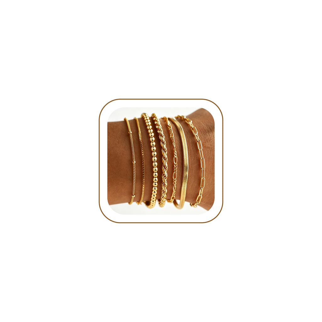 M MOOHAM 7PCS Gold Bracelets for Women, 14K Gold Plated Beaded Bracelet Set | Rope Paperclip Chain Stackable Bracelet, Non Tarnish Bracelet Stack, Friendship Birthday Jewelry, Gifts for Women Teen Girls