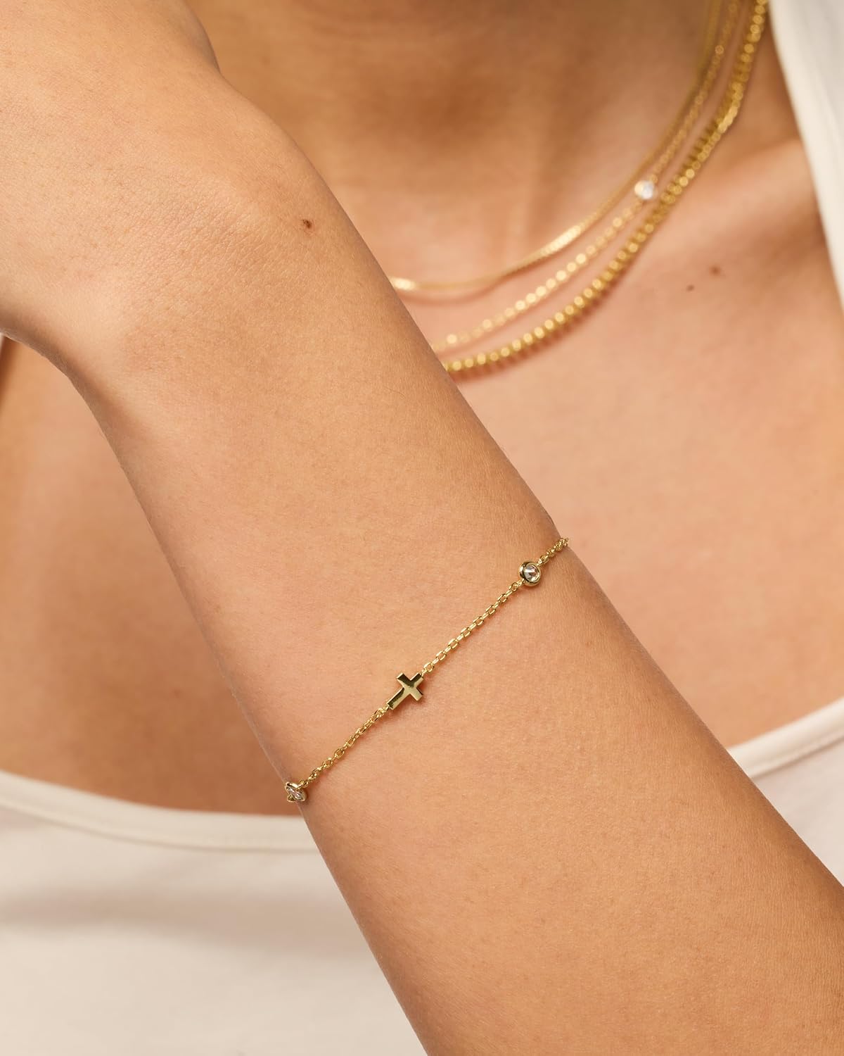 PAVOI 14K Gold Plated Sideways Cross Bracelet for Women, Religious Bracelet | Sideways Cross with Cubic Zirconia Religious Station Bracelet, Jewelry Confirmation Gift