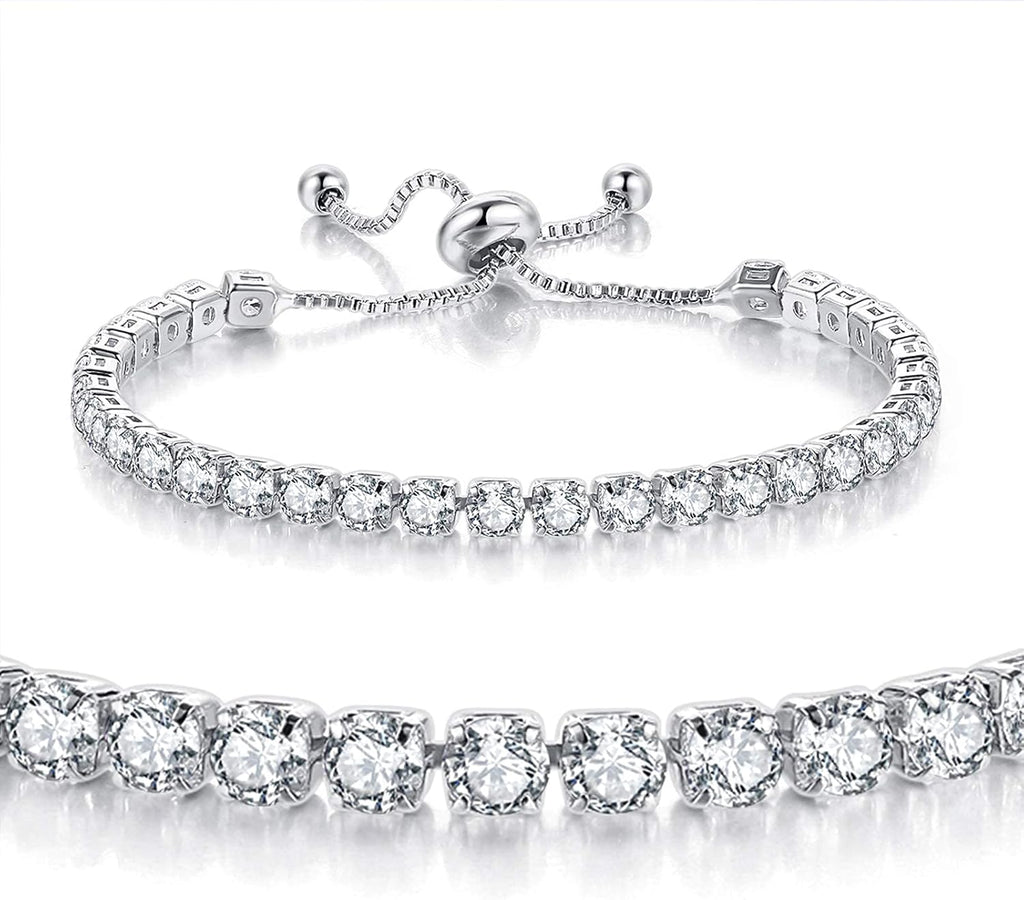 GEMOSA Tennis Bracelets for Women White Gold Plated Diamond | AAA+ Cubic Zirconia CZ Dainty Classic Adjustable Slider Bracelet Silver Fashion Jewelry Wedding Gift