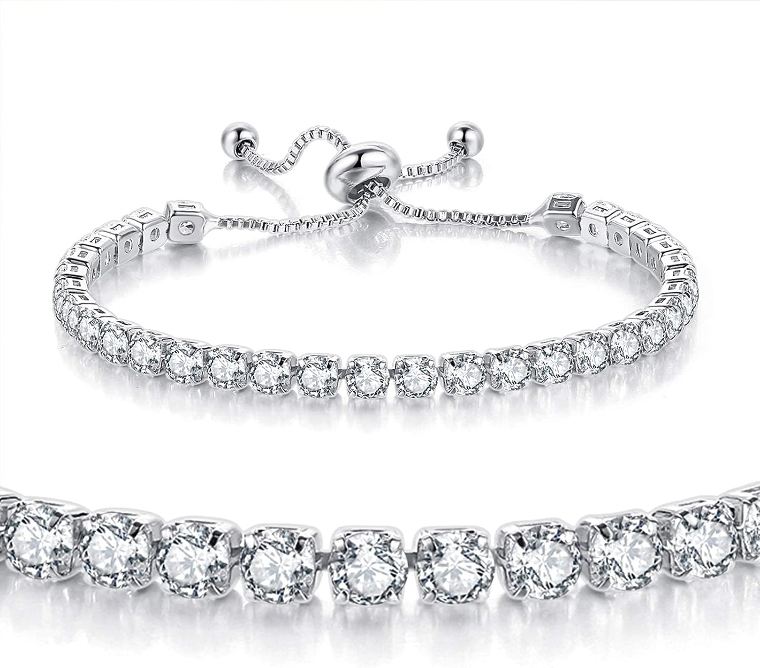 GEMOSA Tennis Bracelets for Women White Gold Plated Diamond | AAA+ Cubic Zirconia CZ Dainty Classic Adjustable Slider Bracelet Silver Fashion Jewelry Wedding Gift
