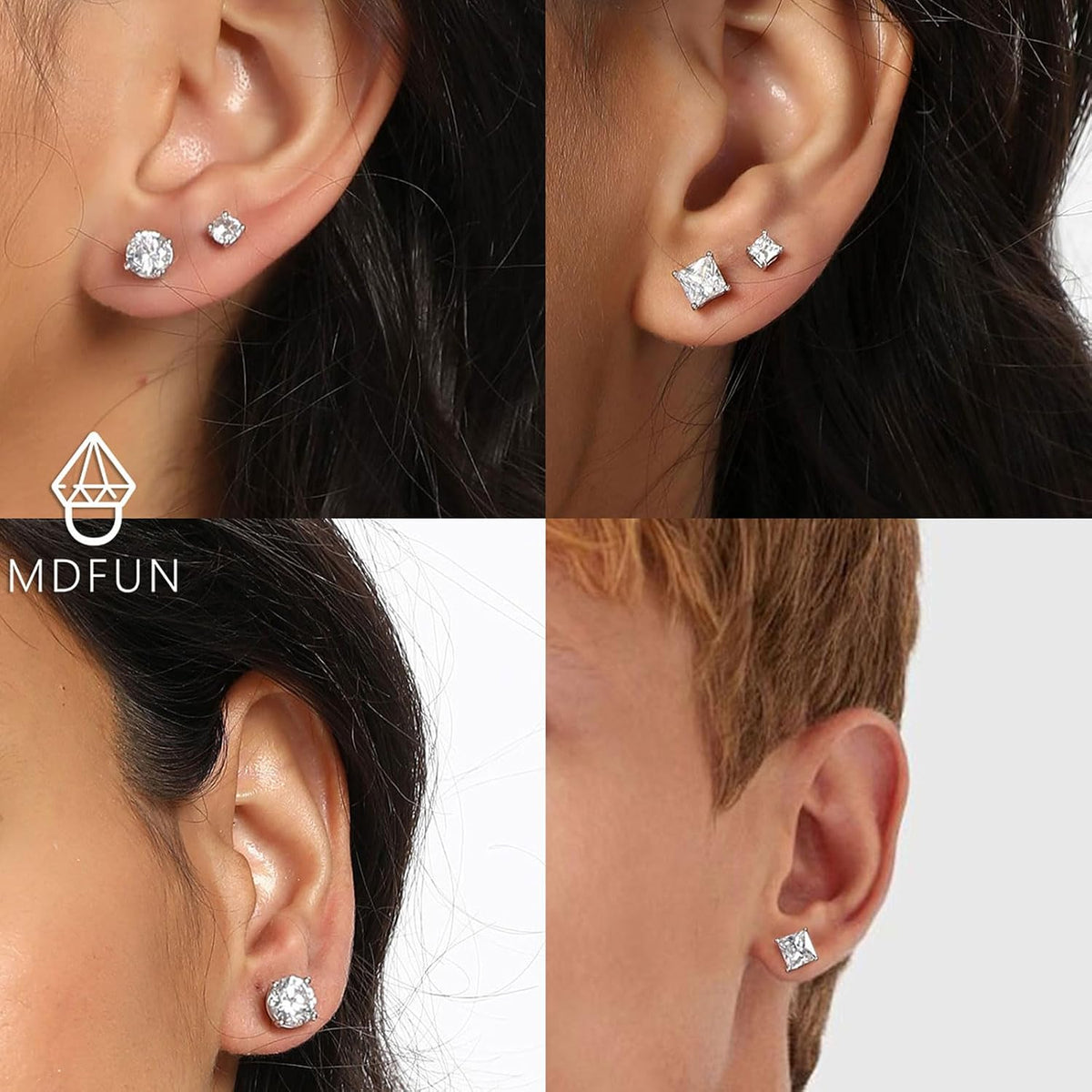 6 Pairs Stud Earrings for Men Women 316L Stainless Steel Earring | Hypoallergenic 3mm/5mm/7mm Princess & Round Cubic Zirconia Earring Set Surgical Steel CZ Ear Jewelry for Sensitive ears