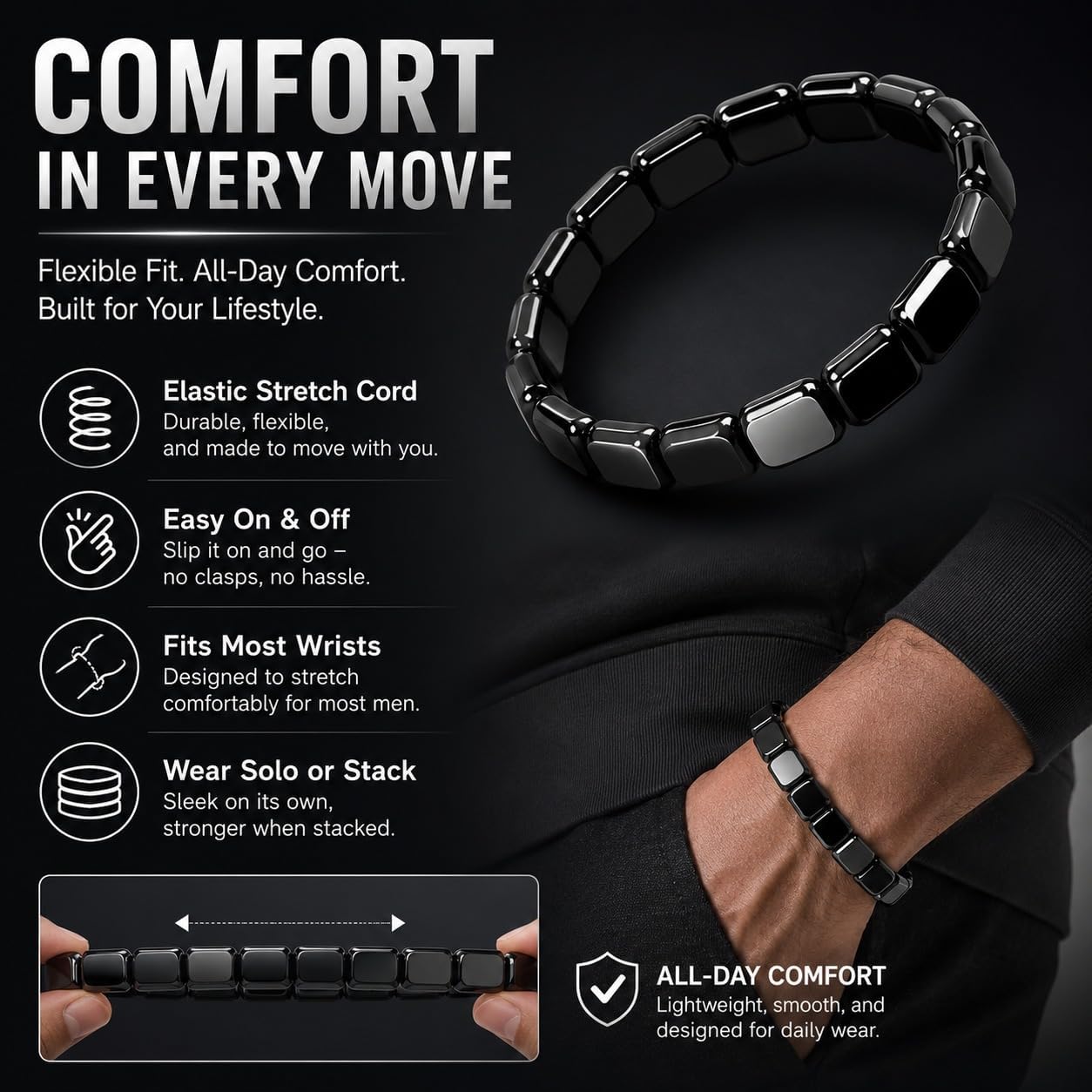 Hematite Bracelet for Men, Natural Stone Beads, Stretch Fit | Black Beaded Bracelet, Men's Jewelry with Masculine Energy-Inspired Style for Daily Wear, Layering and Thoughtful Gifts