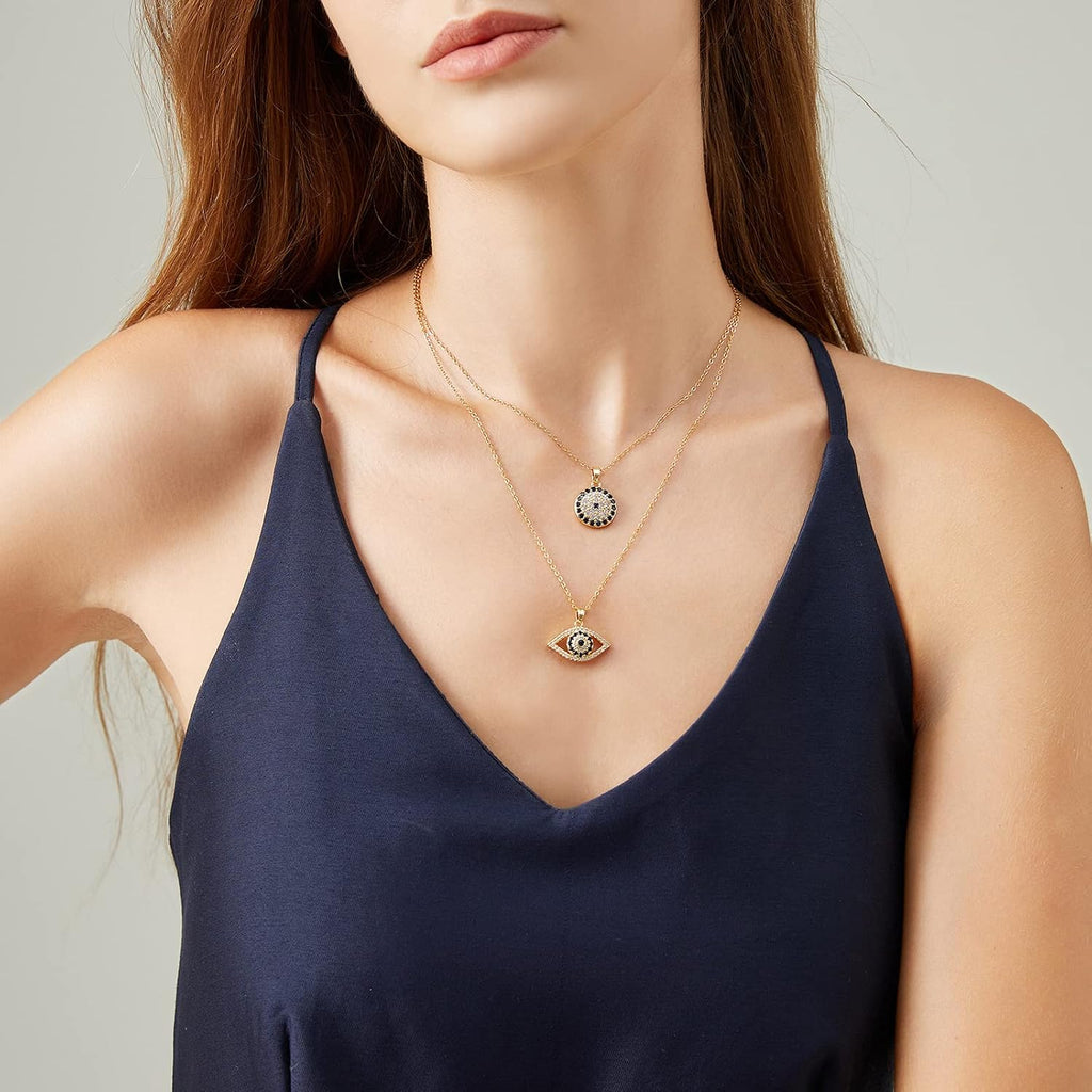 Evil Eye Necklace Layered Necklaces for Women, 2Pcs 18K Gold Plated Dainty Evil Eye Choker Pendant Necklace Handmade Evil Eye Jewelry Protection Gifts