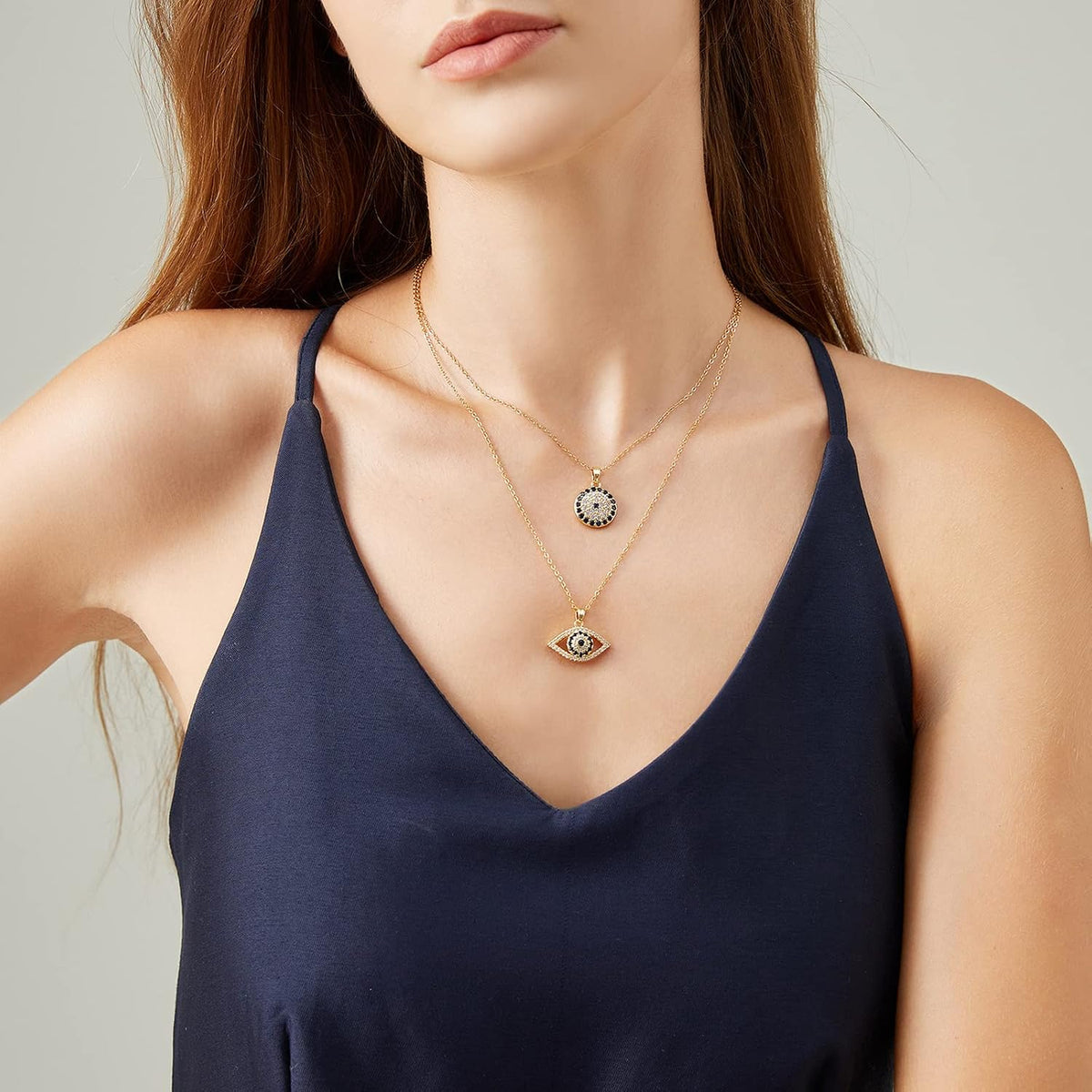 Evil Eye Necklace Layered Necklaces for Women, 2Pcs 18K Gold Plated Dainty Evil Eye Choker Pendant Necklace Handmade Evil Eye Jewelry Protection Gifts