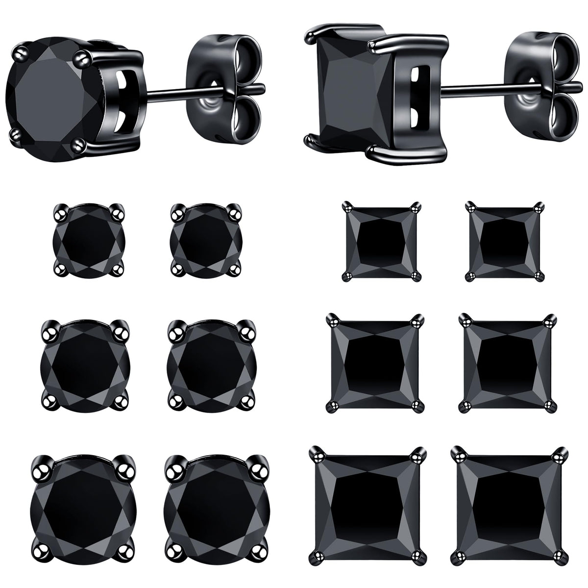 6 Pairs Stud Earrings for Men Women 316L Stainless Steel Earring | Hypoallergenic 3mm/5mm/7mm Princess & Round Cubic Zirconia Earring Set Surgical Steel CZ Ear Jewelry for Sensitive ears