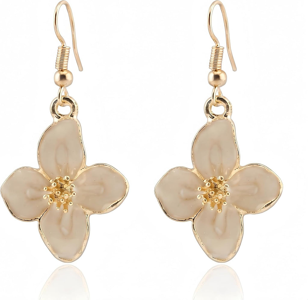 Enamel Cherry Blossom Flower Drop Earrings Gold Fish Hook Floral Women Gift | lightweight/Realistic