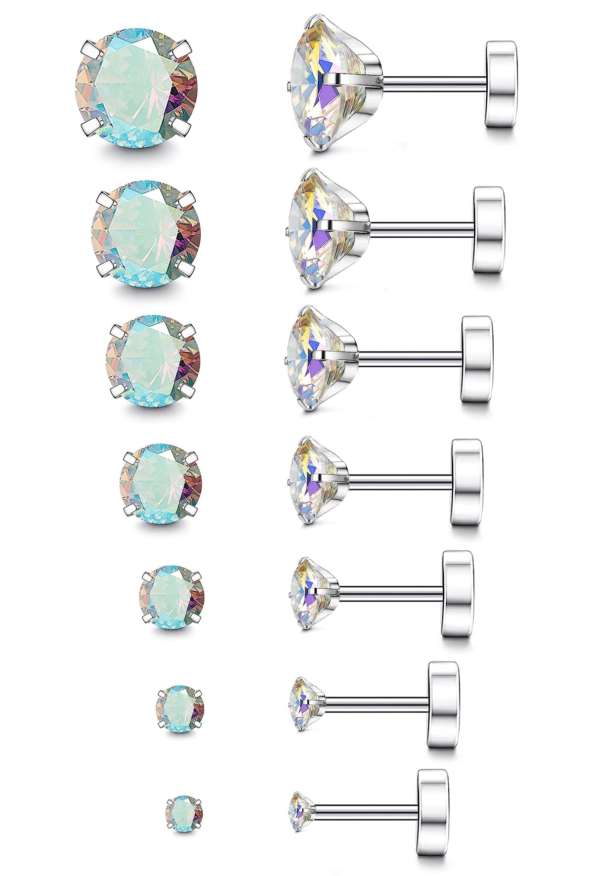 20G Hypoallergenic Flat Back Earrings for Women Men Silver 14K Gold Stainless Steel Stud Earrings Birthstone Cubic Zirconia Studs Surgical Steel Cartilage Earrings for Sensitive Ears