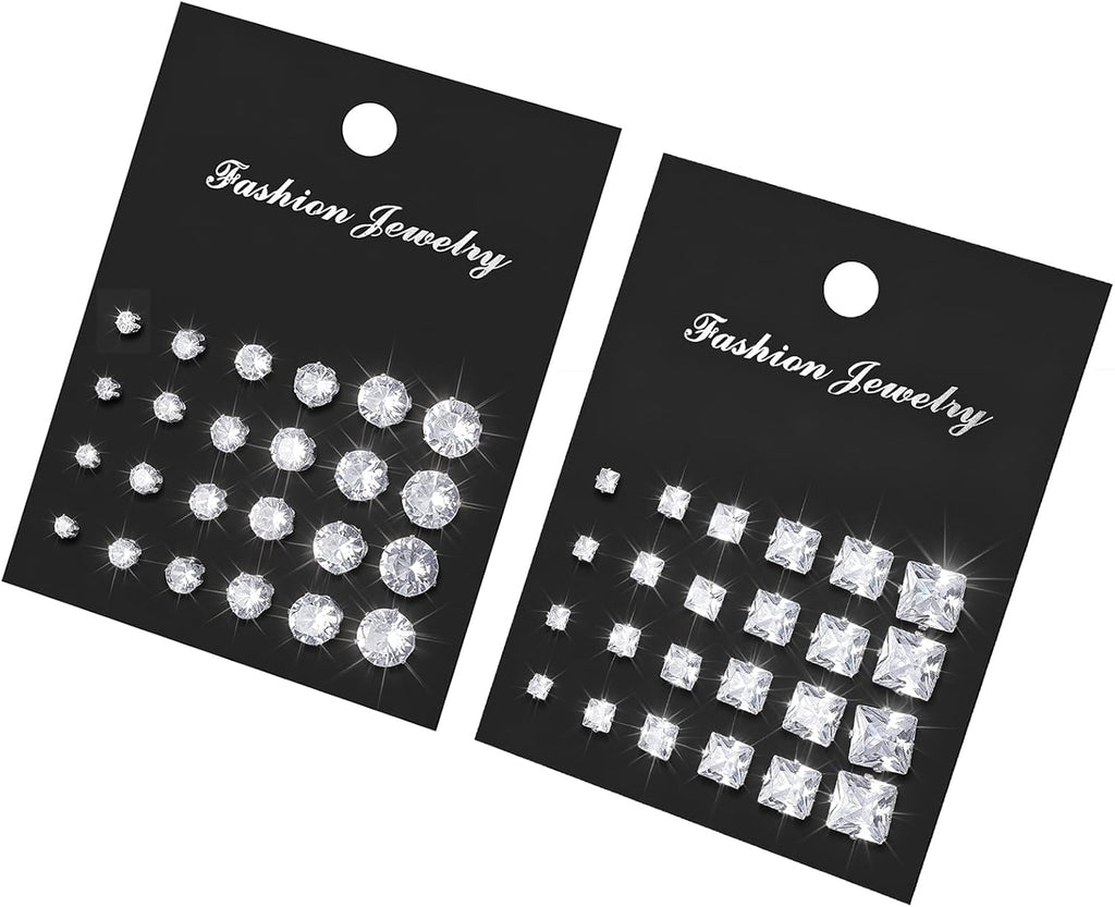 24 Pairs Cubic Zirconia Silver Stud Earrings Set for Women Men | Hypoallergenic, Flat Back Surgical Stainless Steel, Round & Square CZ Studs, Cartilage Earrings for Piercing Sensitive Ears