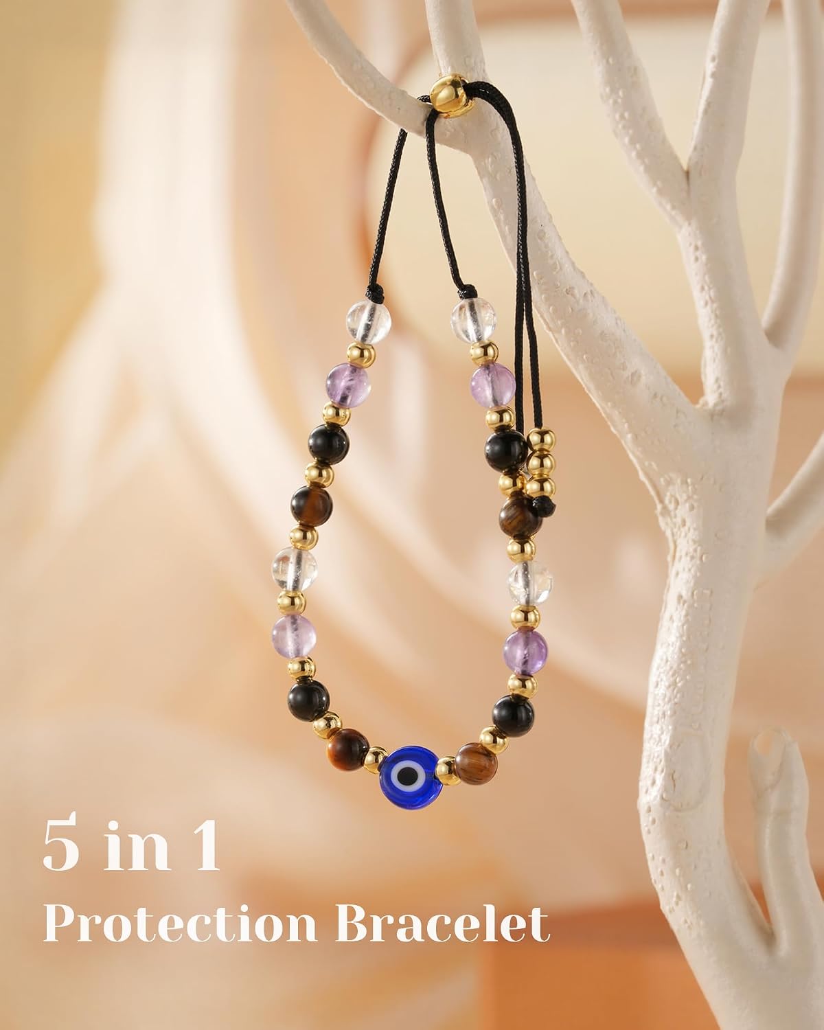 HGDEER Evil Eye Bracelets, Crystal Lucky Protection Gifts for Women Girls | Amethyst Clear Quartz Black Tourmaline & Tiger Eye 4mm Beads, Mal de Ojo Good Luck Charm, Adjustable String Fits 10.2 in
