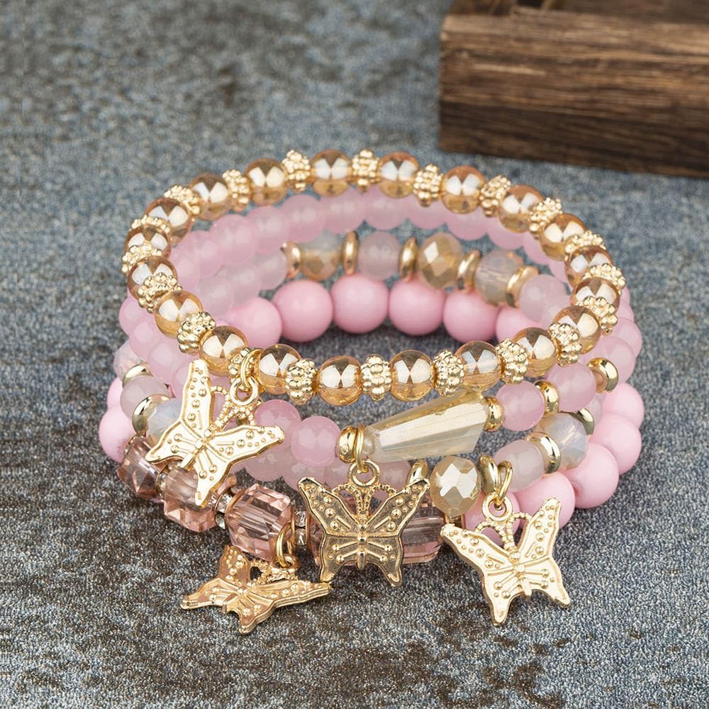 4 Pcs Cute Butterfly Charm Bracelets Set Gold Beaded Stackable Stretch Bracelets Bohemian Summer Jewelry Gifts for Women
