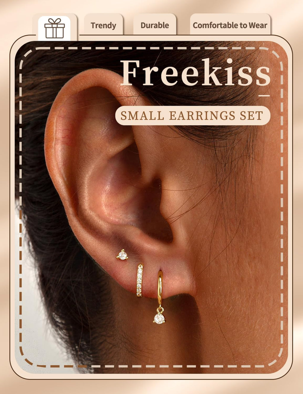 Freekiss 3 Pairs Hoop Earrings Set - Dainty Stud Dangle Cartilage for Women | Hypoallergenic Earrings, Cubic Zirconia Stackable Trendy Small Set Jewelry Gifts for Women