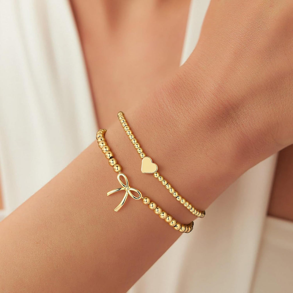 3PCS 14K Gold Plated Beaded Stretch Bracelet for Women Teen Girls | Stacked Beaded Bracelet Set, Dainty Bow Cross Heart Wave CZ Charm, Waterproof, 7 Inch Elastic, Teen Girls Summer Jewelry