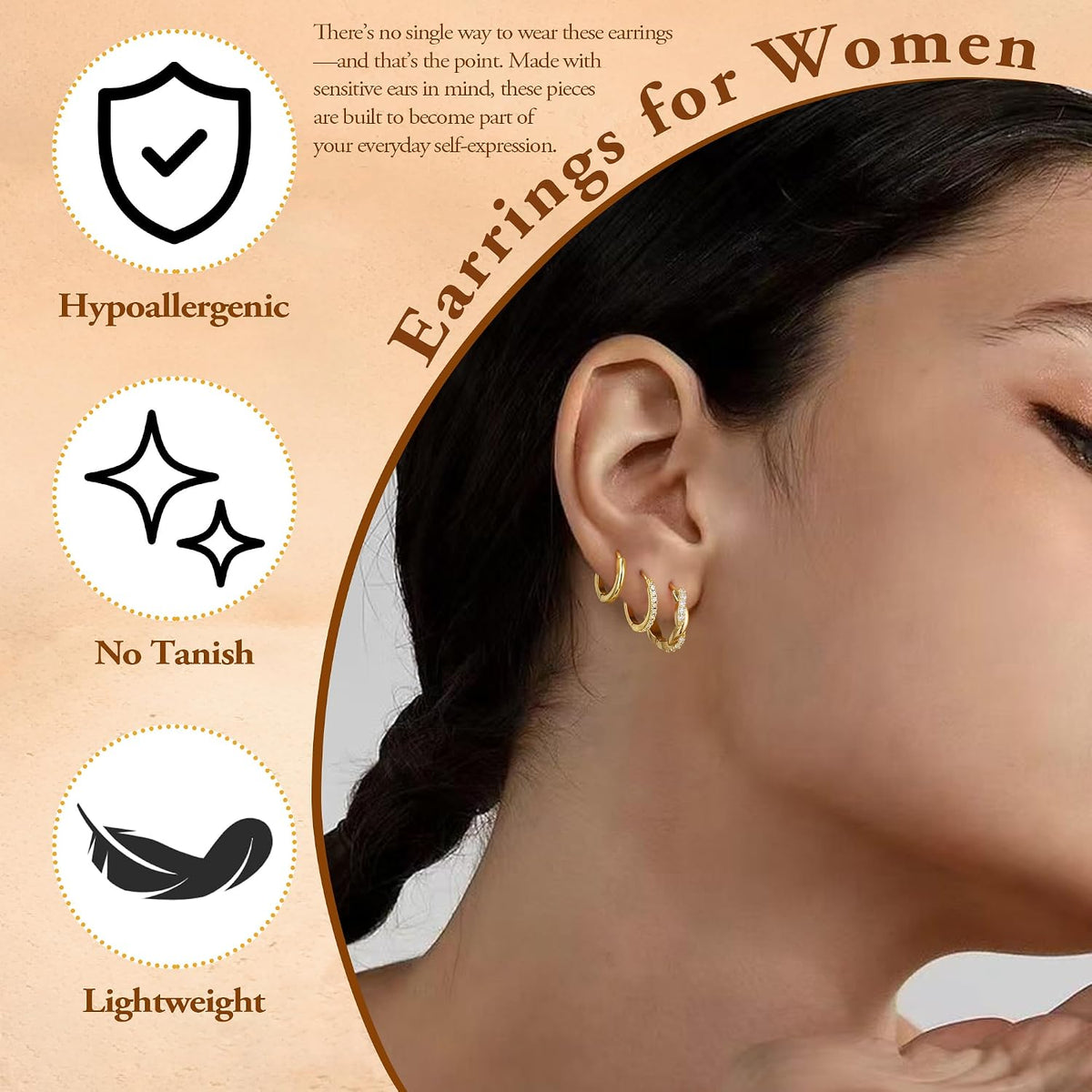 8 Pairs Hypoallergenic Gold Hoop Earrings for Women Trendy | Dainty 14K Gold Plated Huggie Hoop Stud Earrings for Women, Flat Back Earrings Set for Multiple Piercing