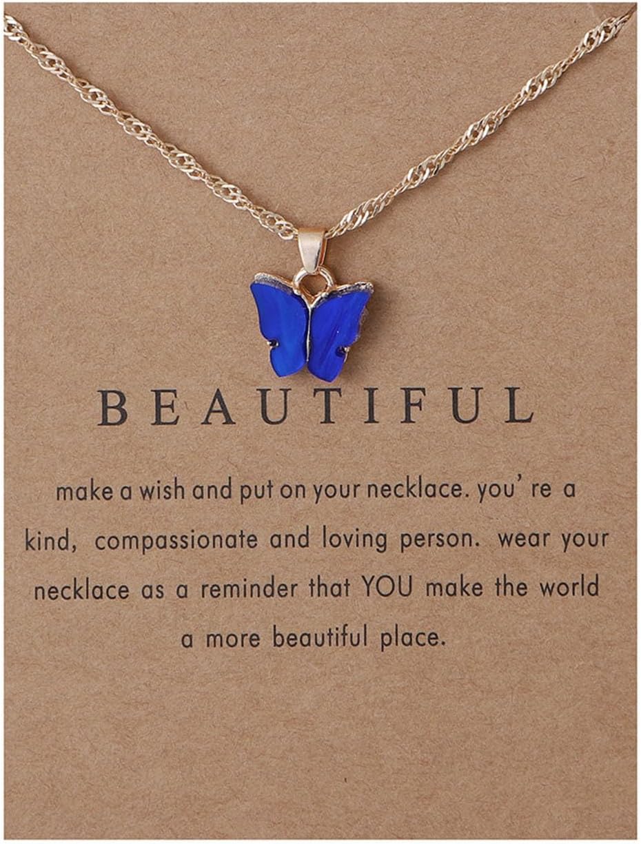 Caiyao Sweet Cute Colorful Butterfly Adjustable Clavicle Chain Lightweight Arcylic Insect Necklace with Message Card Friendship Good Luck Bohemian Jewelry for Women