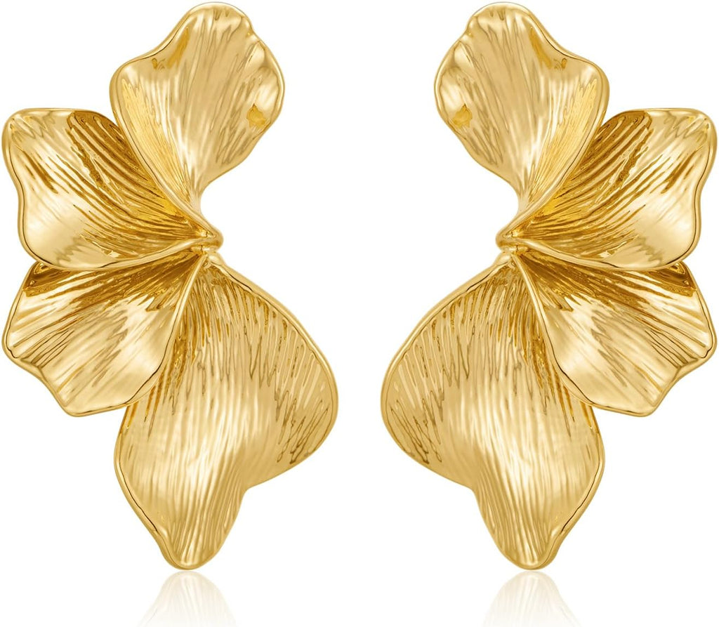 Chunky Gold Statement Earrings For Women Gold Plated Sectored Flower Leaf Shell Angel Wing Earrings Trendy Boho Jewelry For Women Large Stud Earrings Hypoallergenic Earrings Gold Jewelry Gift