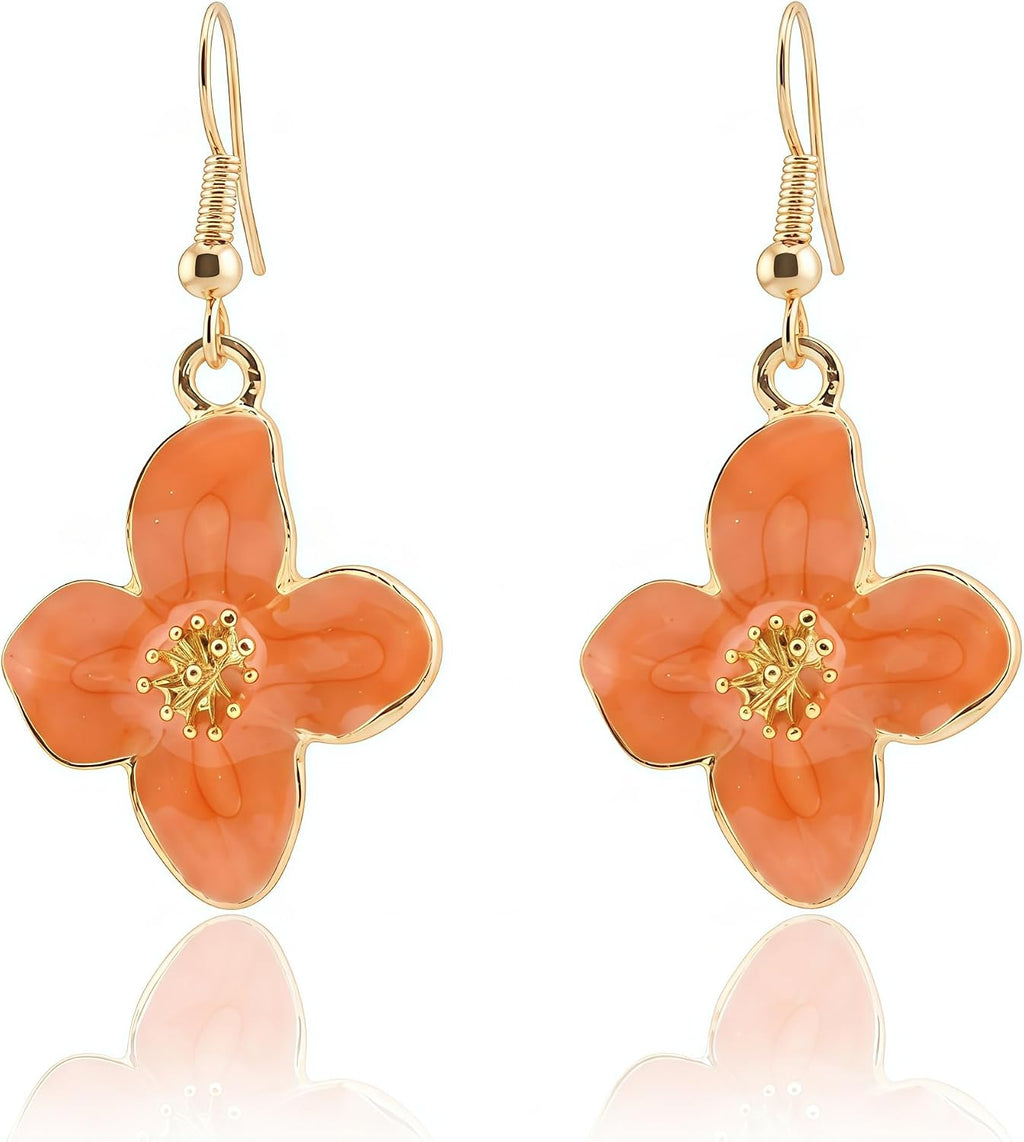 Enamel Cherry Blossom Flower Drop Earrings Gold Fish Hook Floral Women Gift | lightweight/Realistic