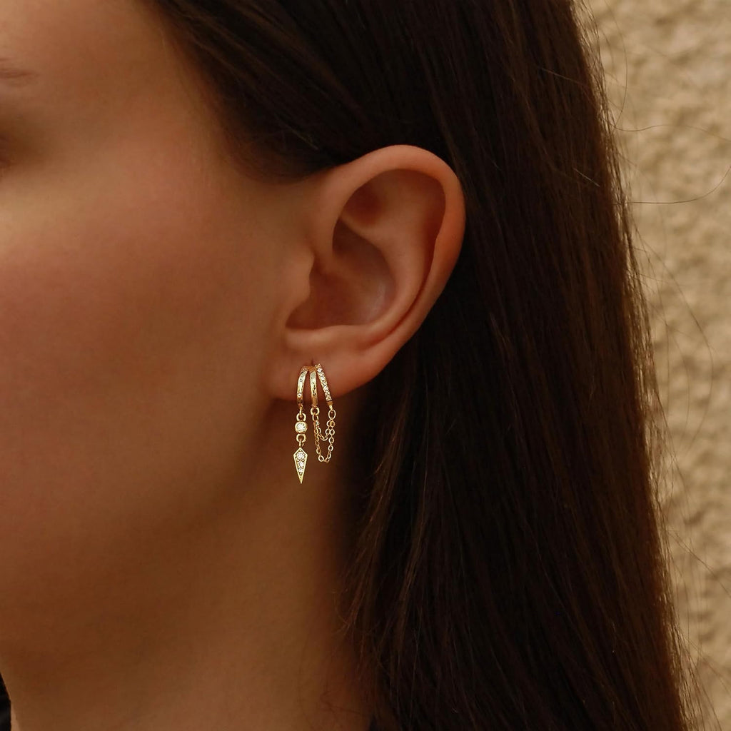 Dangle Earrings for Women,14k Gold Plated Triple Huggie Stud Earrings Cute Statement Chain Earring Dainty Drop Earrings for Women Trendy Gold Plated Jewelry