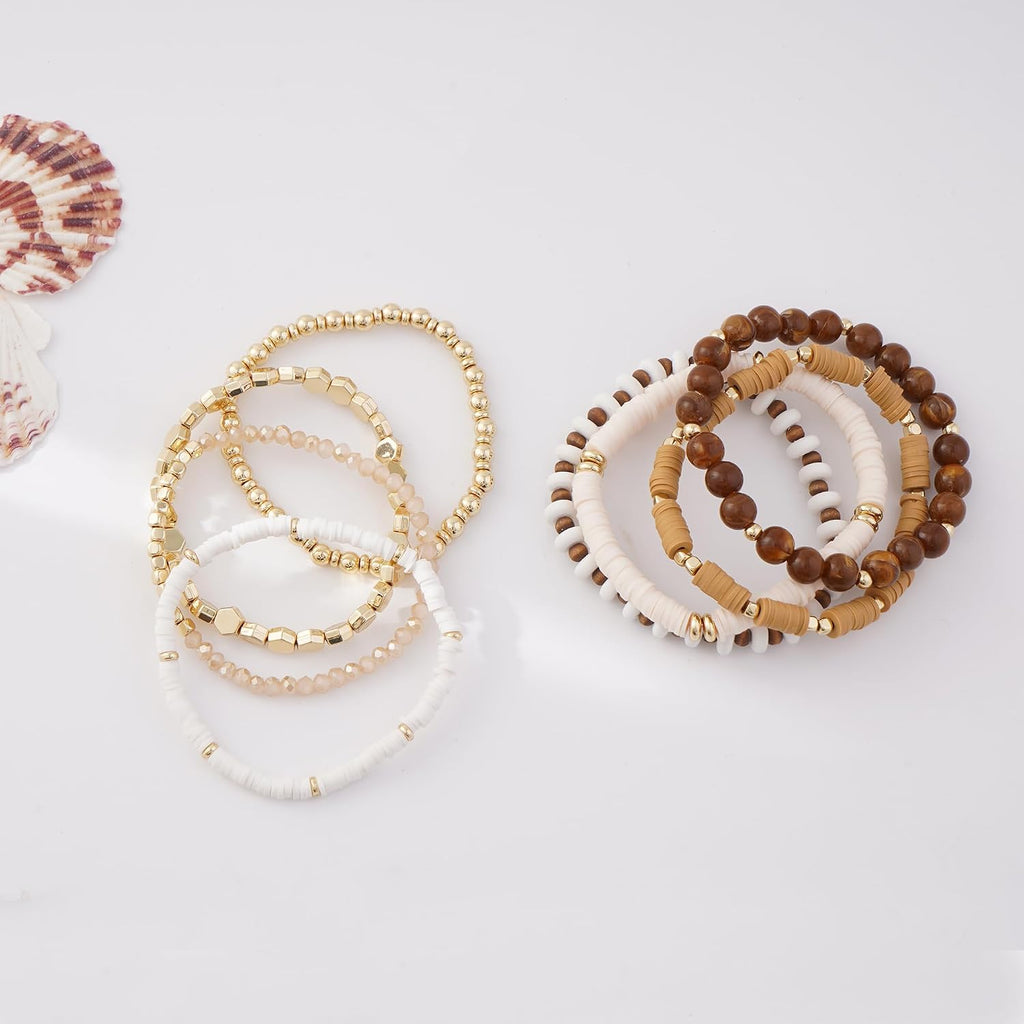 GOOJIDS Surfer Heishi Clay Bead Bracelets for Women Bohemian Stackable Gold Plated Beaded Stretch Bracelets Elastic Layering Friendship Bracelets Set Boho Jewelry