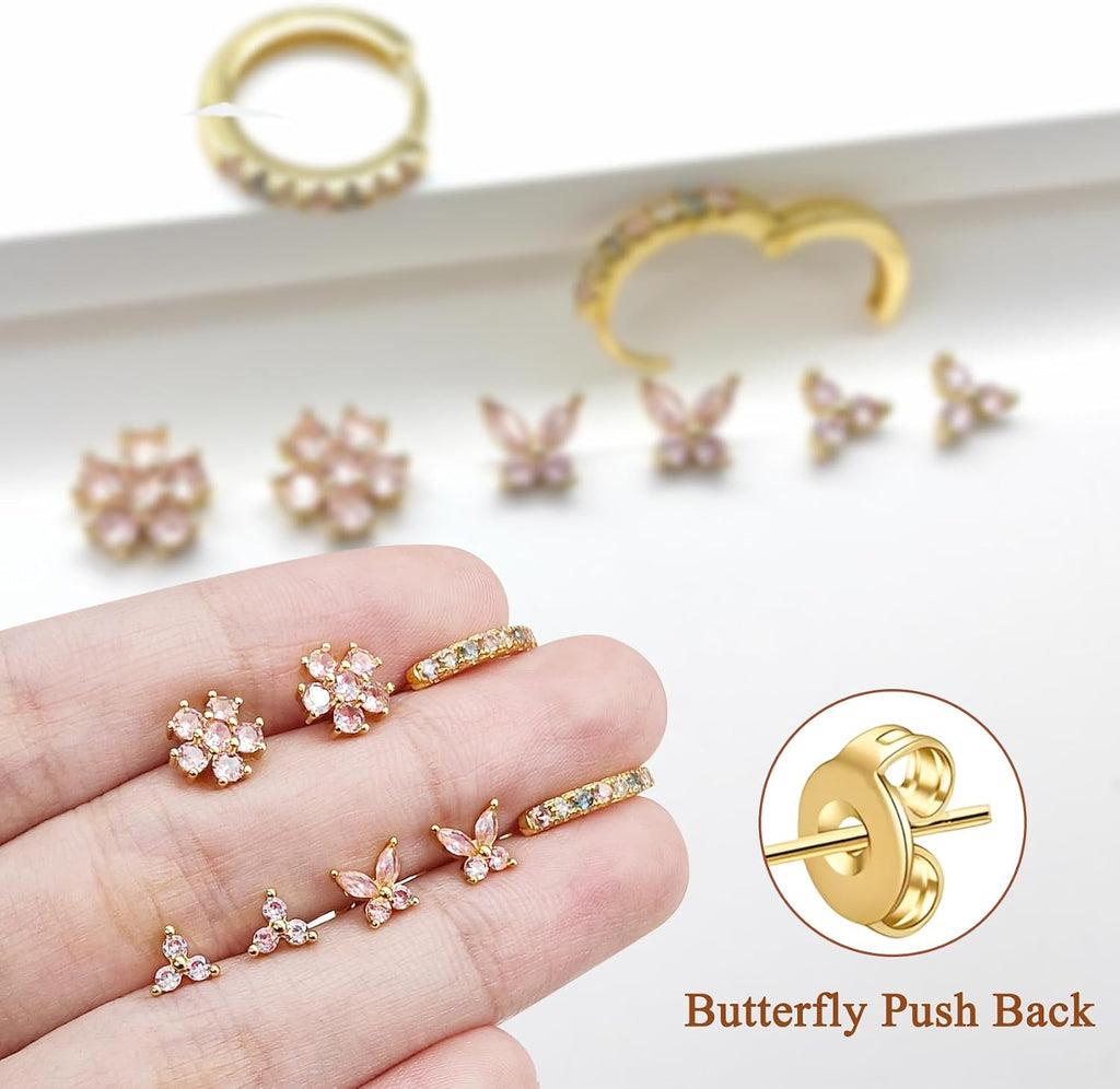 20G Gold Pink Studs Earrings for Women,14K Gold Plated Hypoallergenic Butterfly Earrings for Girls,4 Pairs Flower/Butterfly/Cubic Zirconia Cute Earring and Trendy Huggie Hoop Dainty Multipack Earring Sets